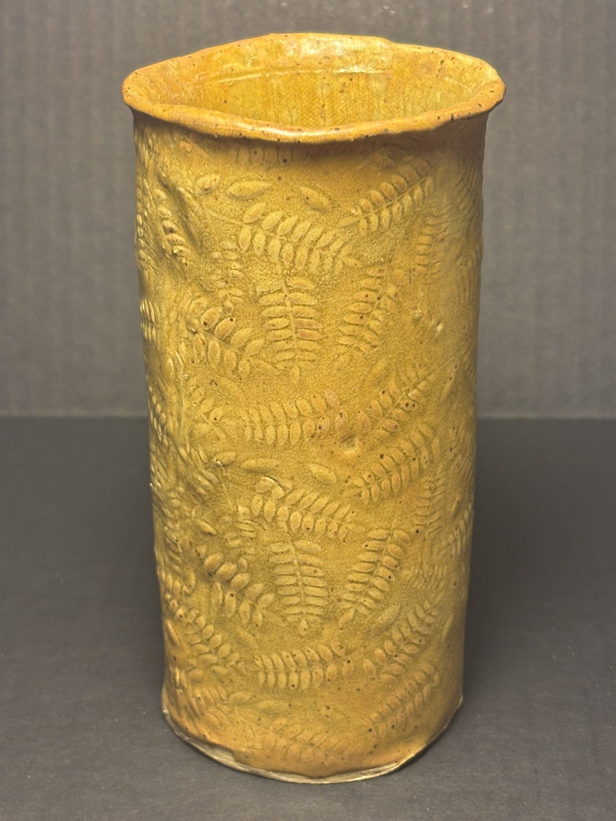 Cylindrical Botanical Impressed Fern Studio Pottery Vase Mustard Color Signed