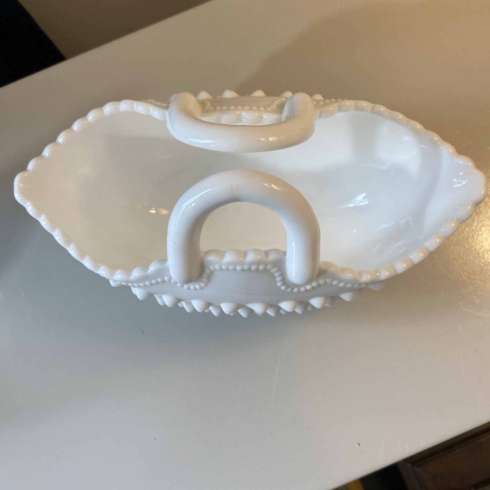 Fenton Milk Glass Hobnail Handled Basket Beaded Edge Footed