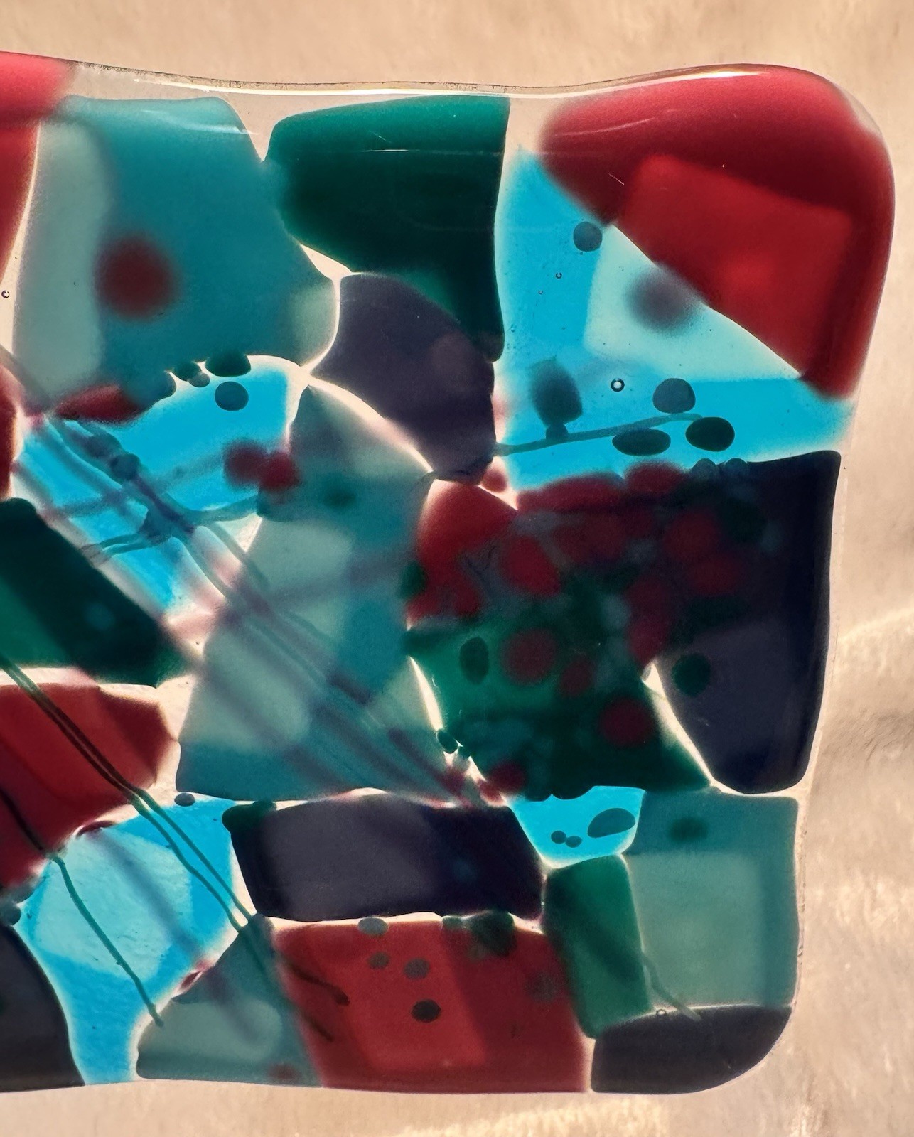 Fused Art Glass Square Candle Holder, Trinket Catcher Coaster Patchwork Colorful