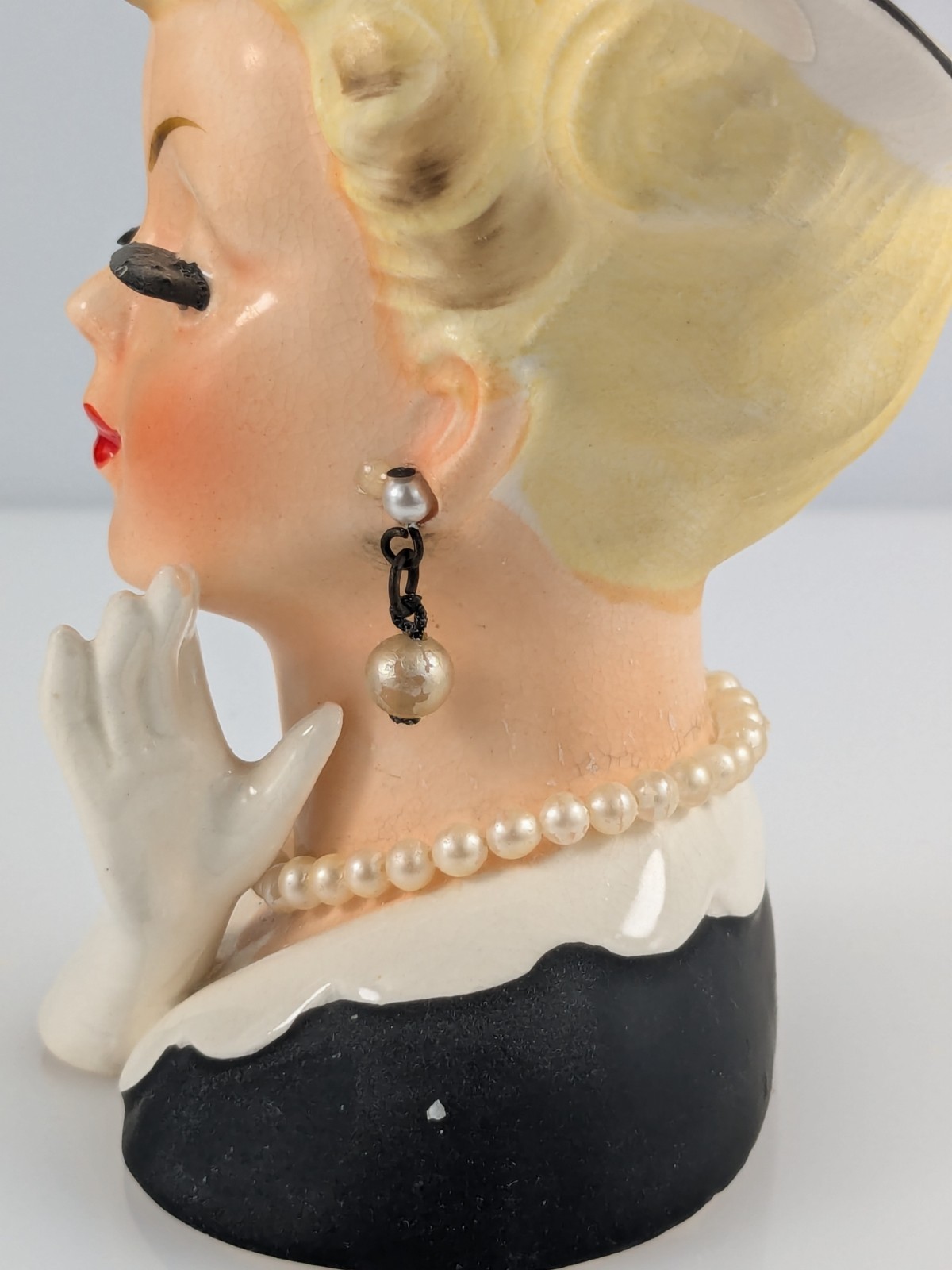 Vintage Lady Head Vase Hand Glove Lashes Original Plastic Flowers & Jewelry