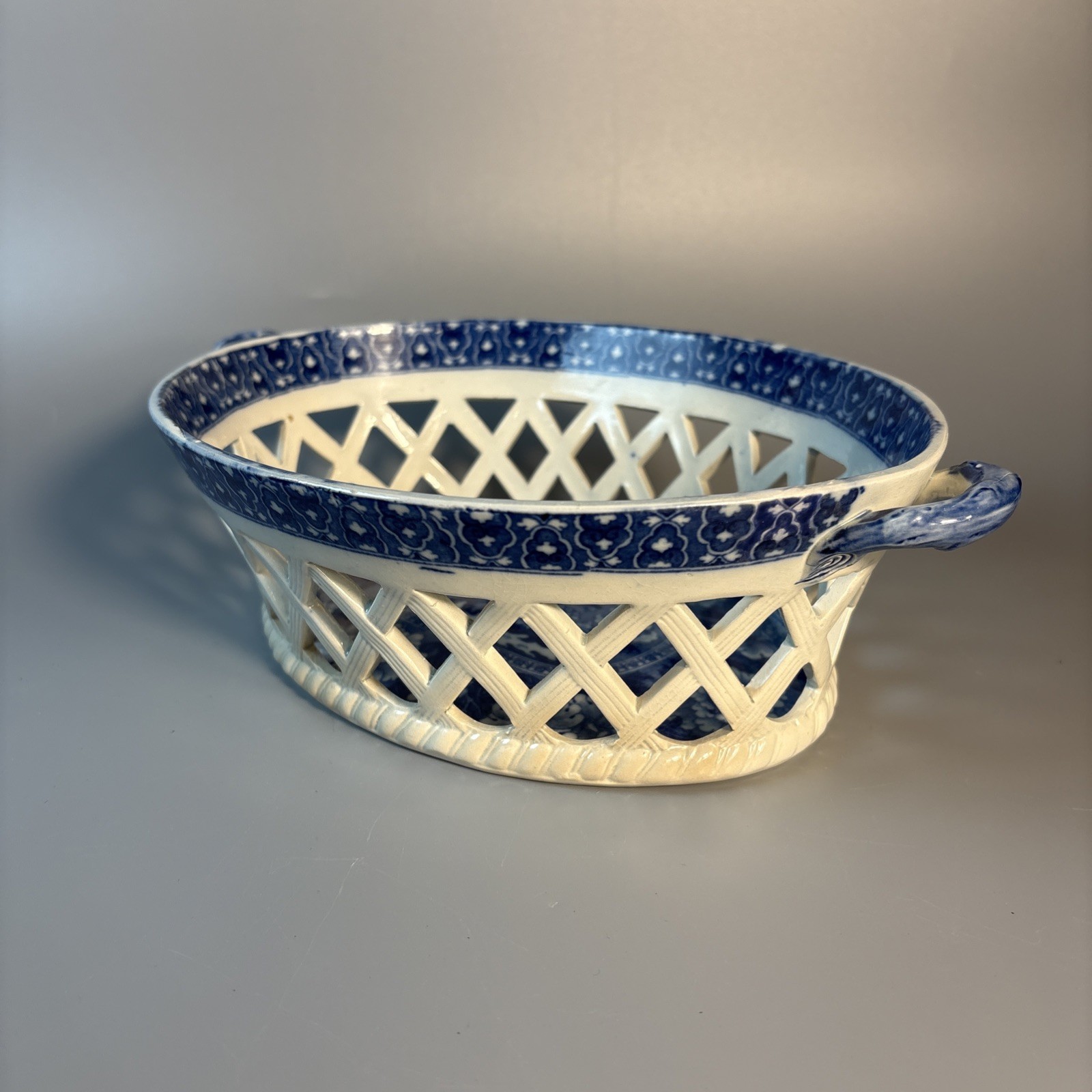 19th Cen Staffordshire Dark Blue Transfer Pearl Glaze Reticulated Basket & Tray