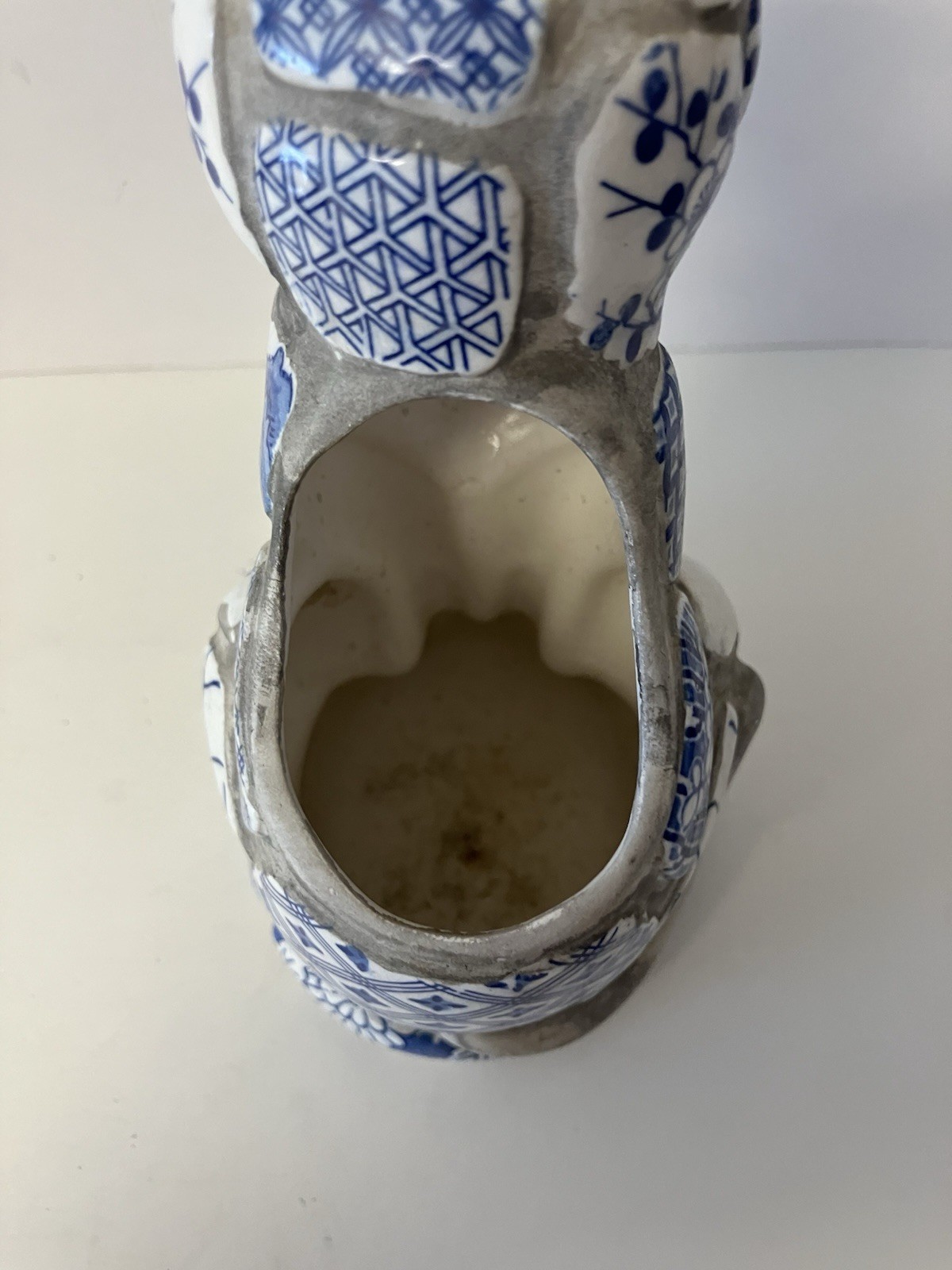 Vtg 1981 Nancy Lopez Pottery Patchwork Tile Cat Planter Blue & White Japan