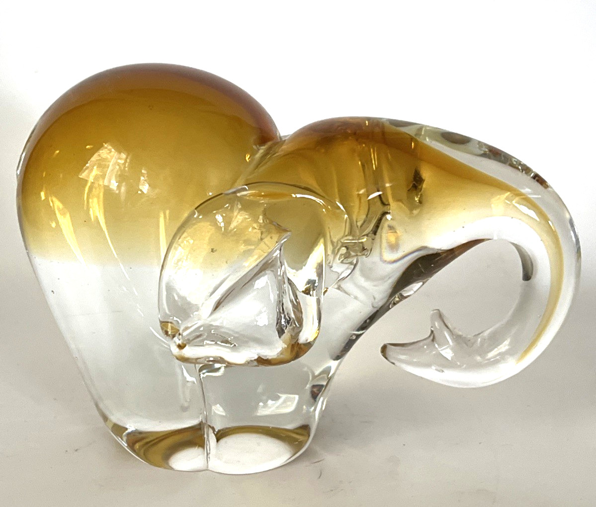 Hand Blown Art Glass Elephant Clear w/Amber Paperweight Heavy Polished Base 3.3#