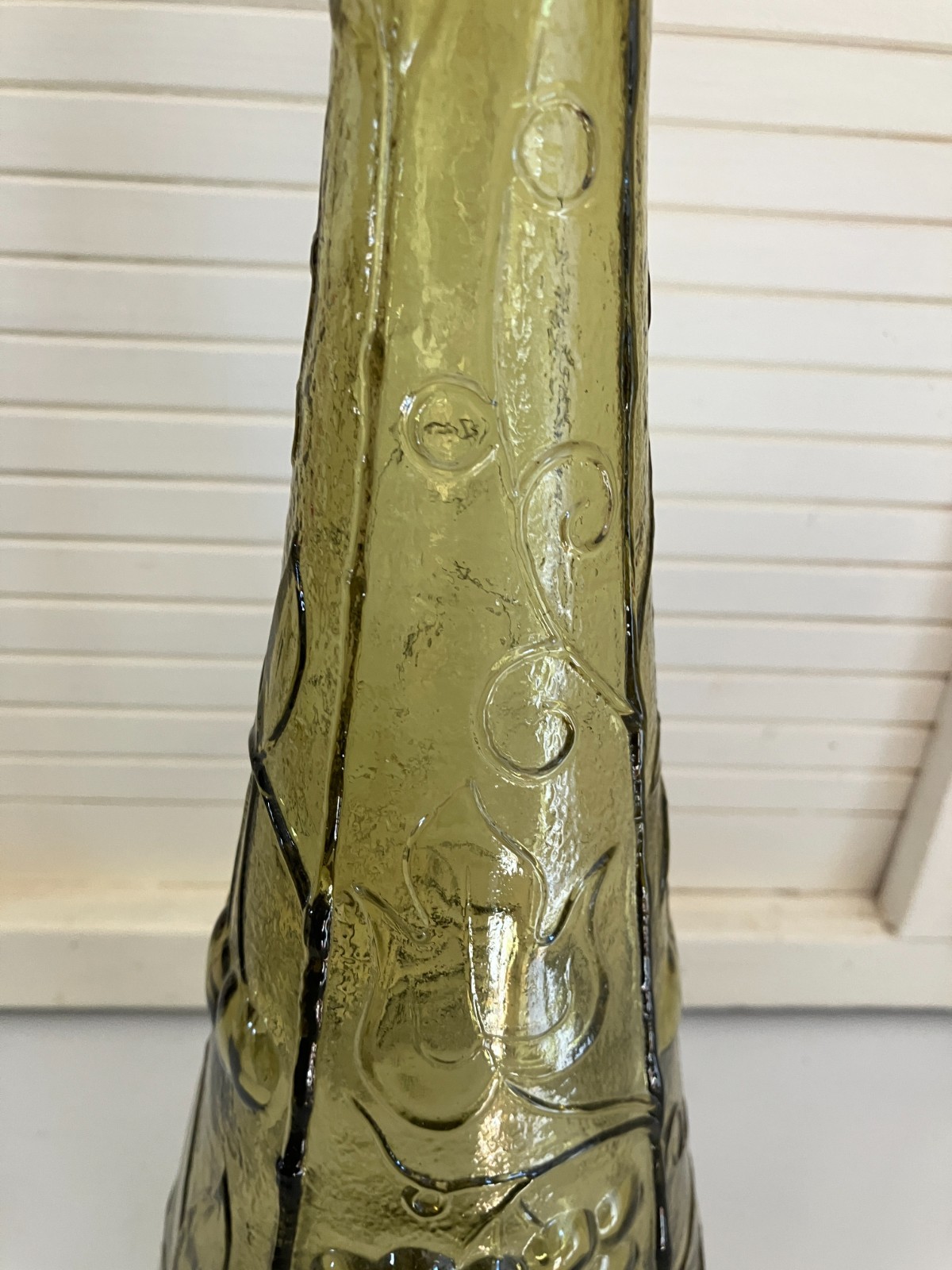 Olive Green Empoli Glass Decanter/Genie Bottle, 15.75″ Italy