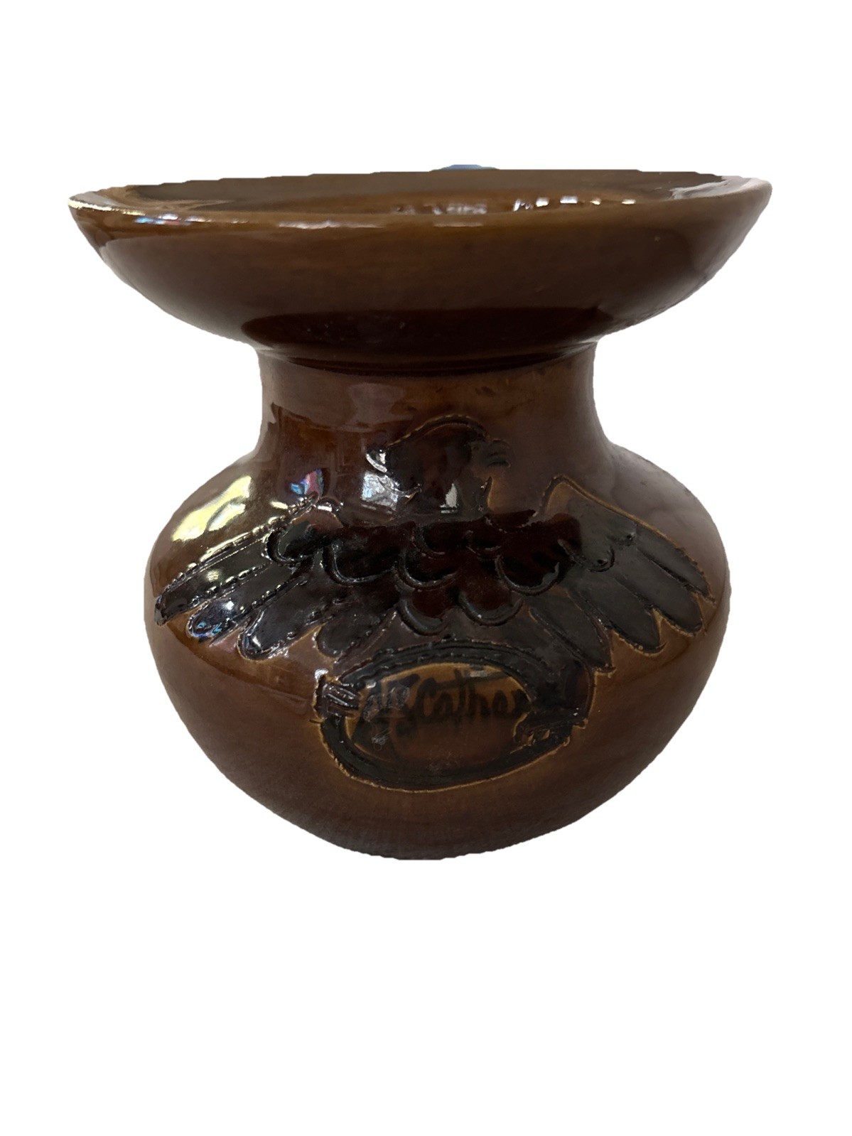 Vintage Pottery Vase Brown Glaze Raised Eagle 5.25×5.25” America250 Signed Front
