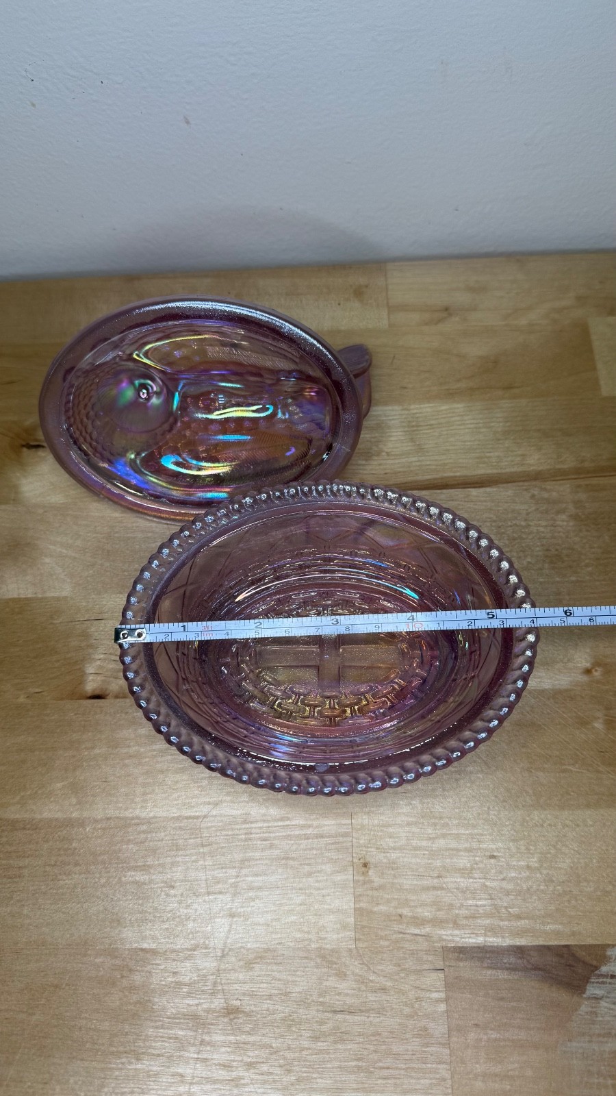 Pink carnival Glass Hen on Nest westmoreland iridescent HTF