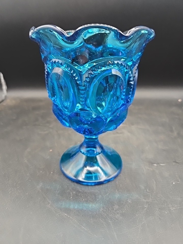 Vintage L.E. Smith Blue Moon & Stars Glass Footed Compote Vase