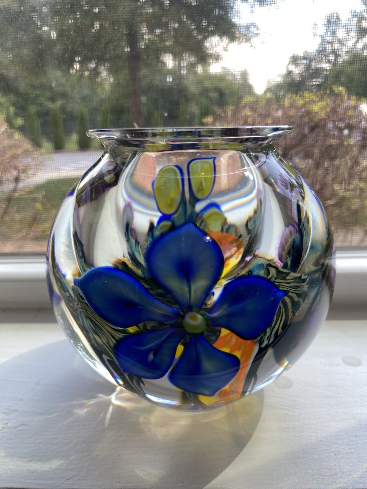 David Lotton Blown Glass Clematis & Hollyhock Organic Vase, 5×5 signed 2012