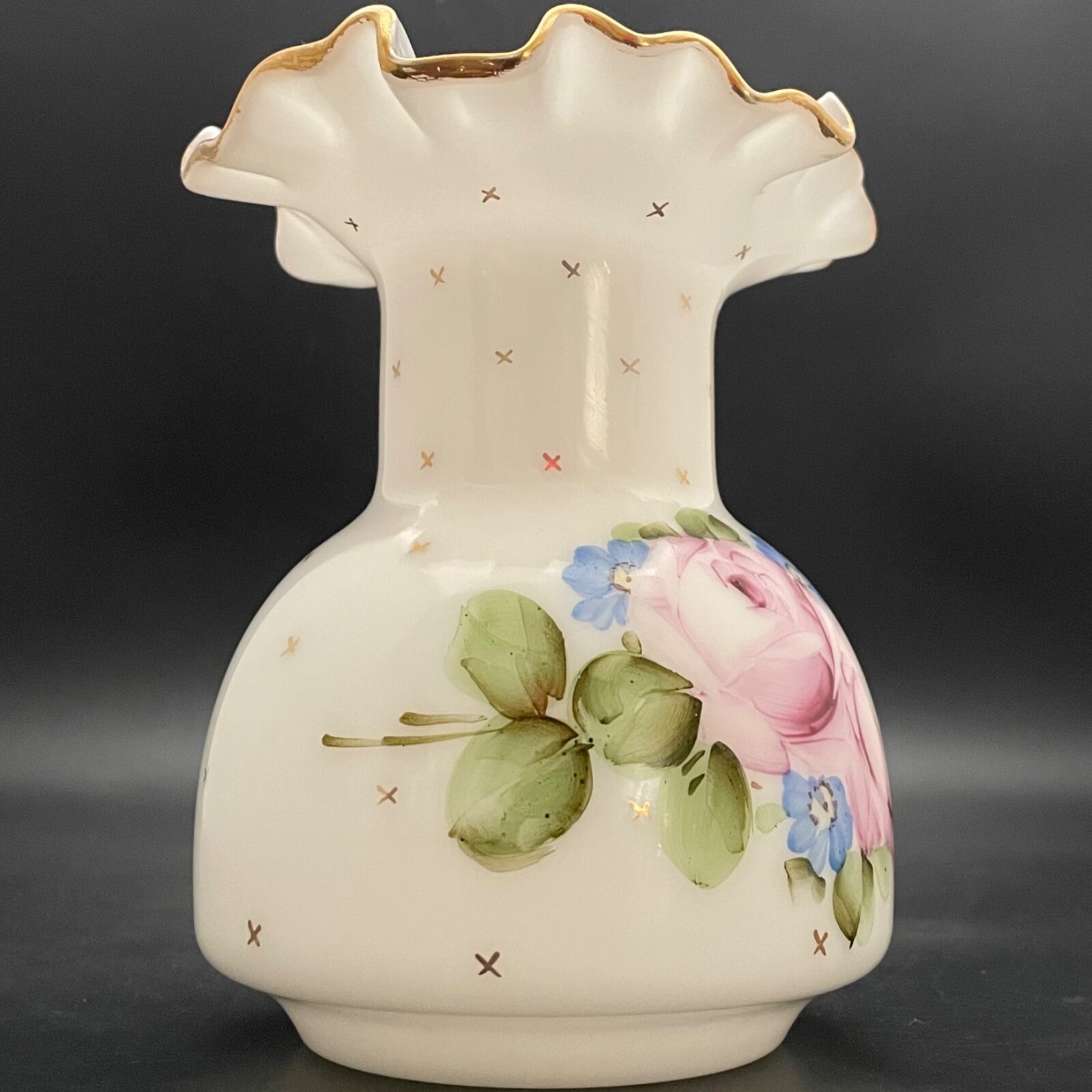 Fenton Art Glass Charleton Roses Ruffled Milk Glass Bud Vase c1940-1959 USA 5.5″