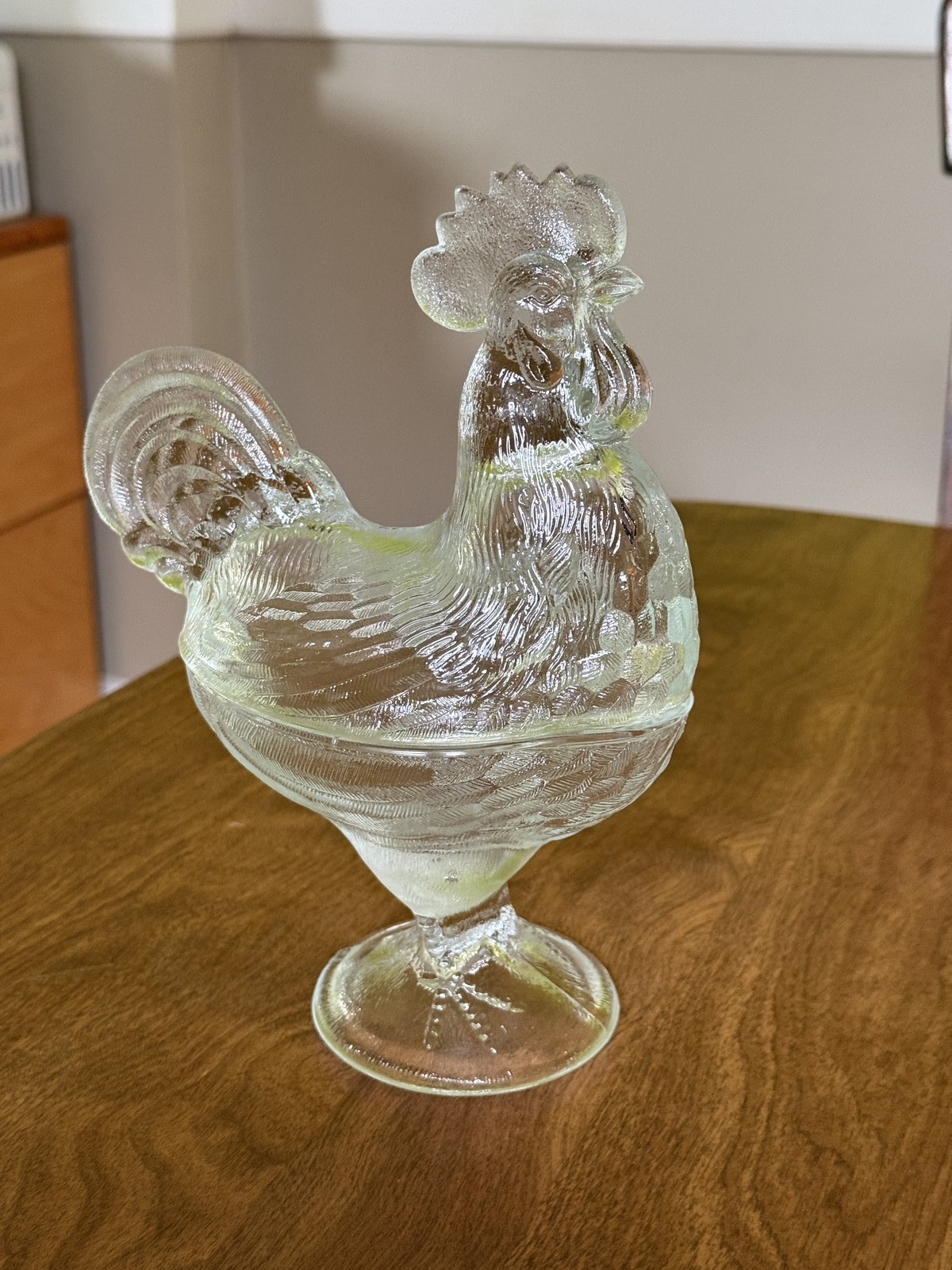 Vintage Clear Glass Rooster Chicken Covered Candy Dish 9″ High