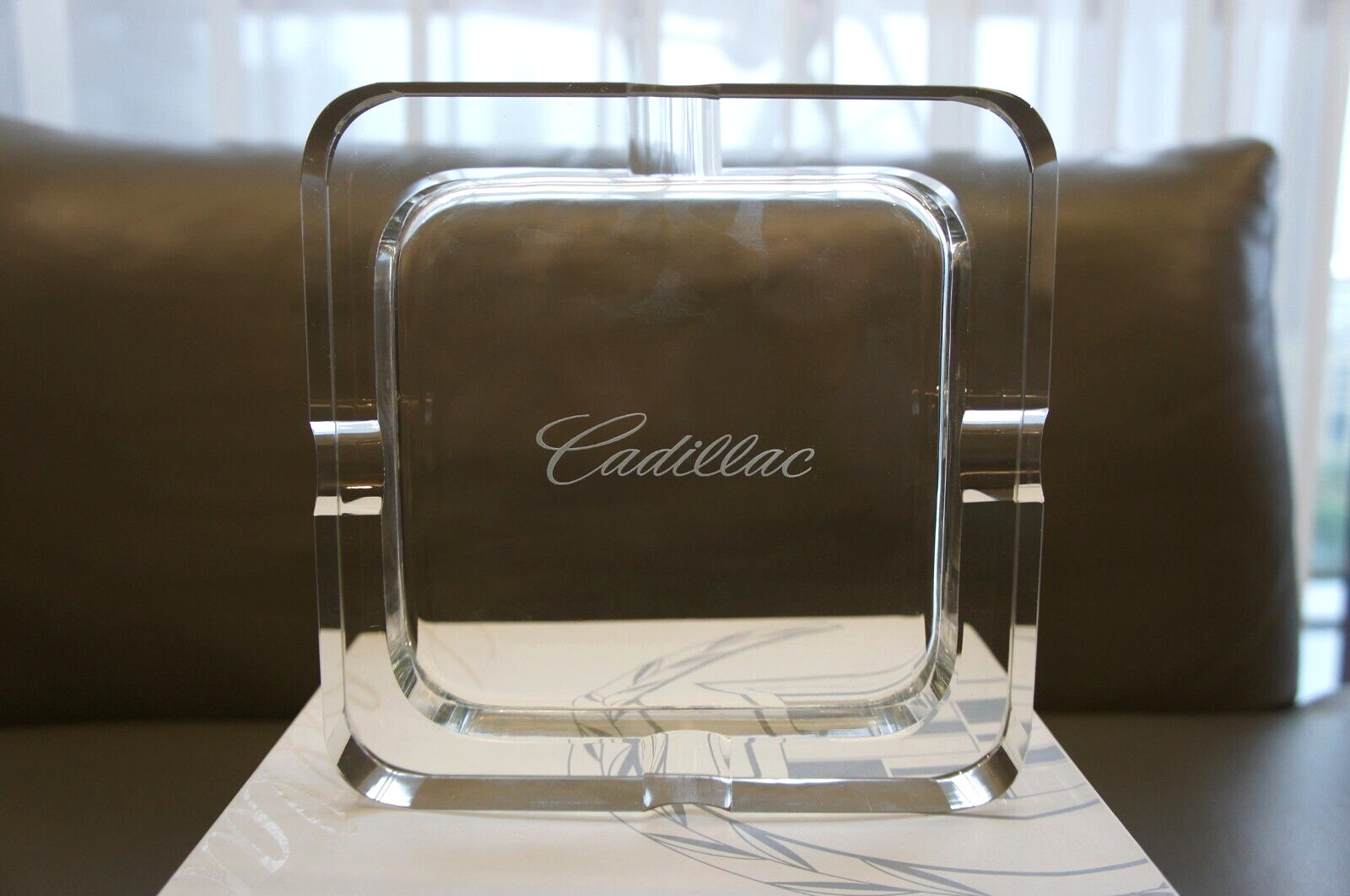 NIB Genuine Cadillac Squared Clear Glass Ashtray Cigarette Cigar Decorative Tray