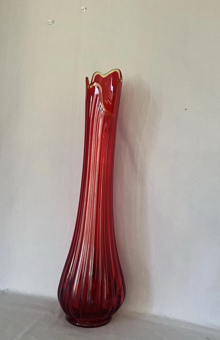 L.E. Smith 23” Ruby Red Ribbed Fat Bottom Swung Floor Vase MCM Vintage