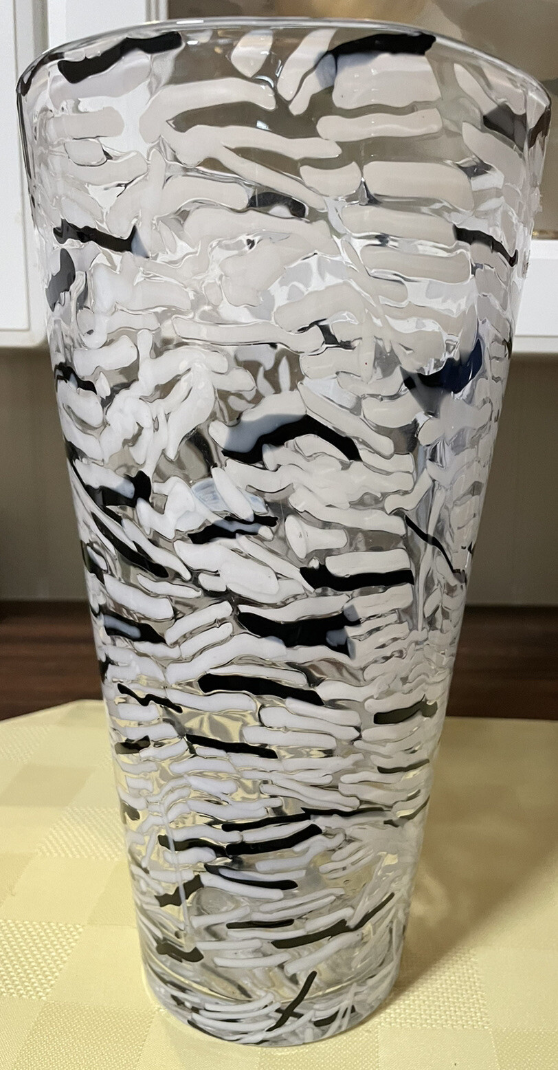 Vintage Designers Guild Thailand White Black Confetti Art Glass Large Vase 12”