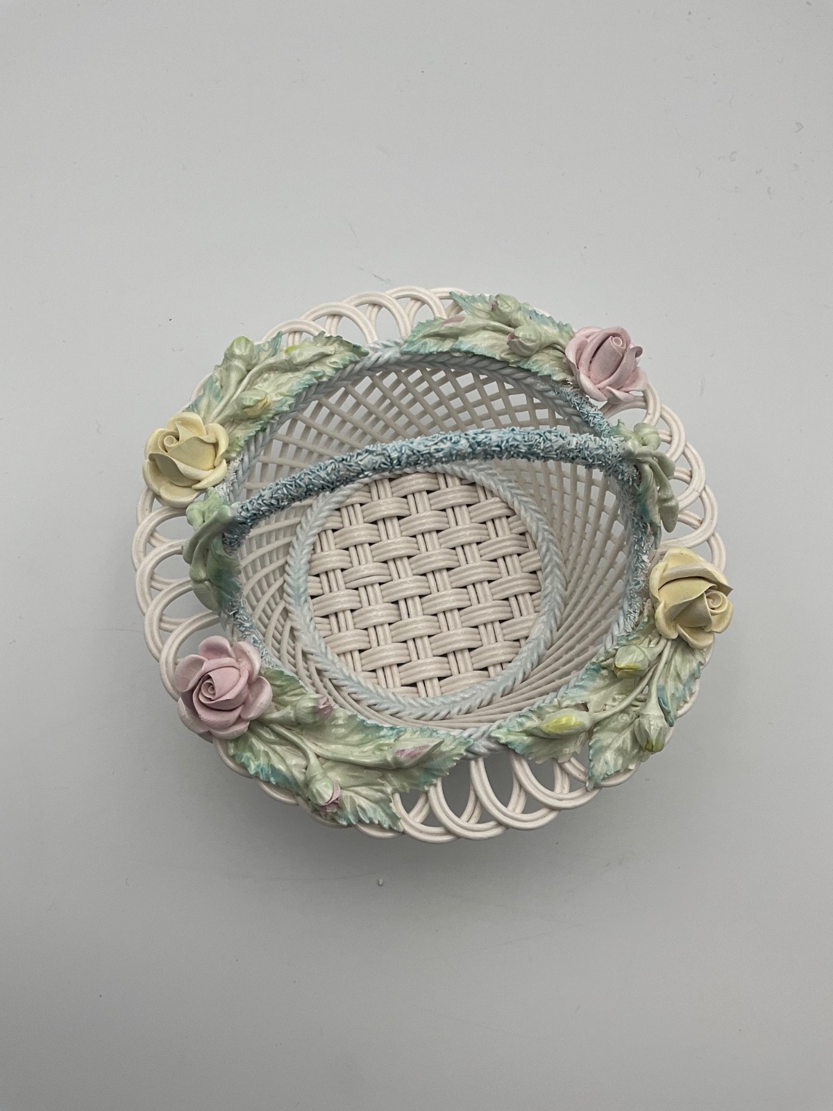 Belleek Yellow & Pink Roses Basket with Blue Handle Ireland Porcelain