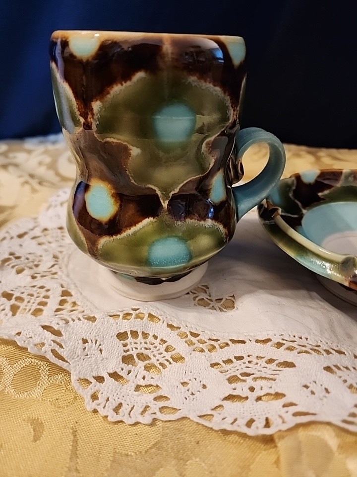 Studio Pottery By Ceramist Artist Thad A Drip Glaze Blue Green Brown Mug/Saucer