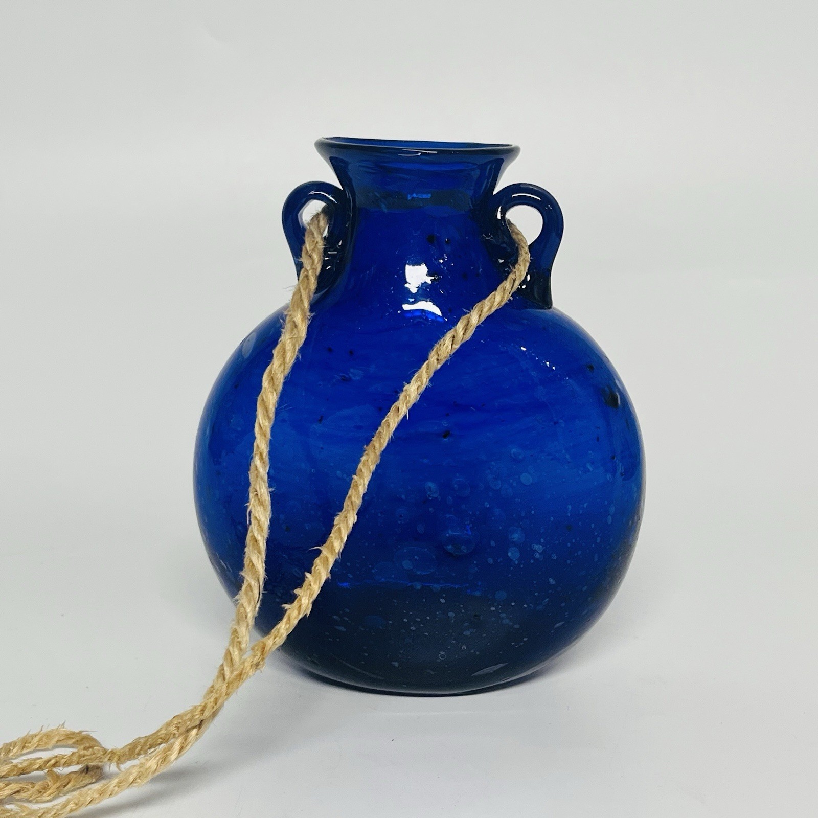 Hand Blown Blue Glass Hanging Vase Suspendable Art Made In Egypt Vintage 5 1/2″T