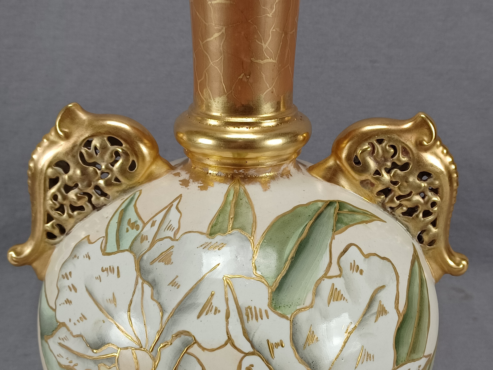 Faience Manufacturing Co Brooklyn NY Hand Painted Orchids Ivory & Gold Vase