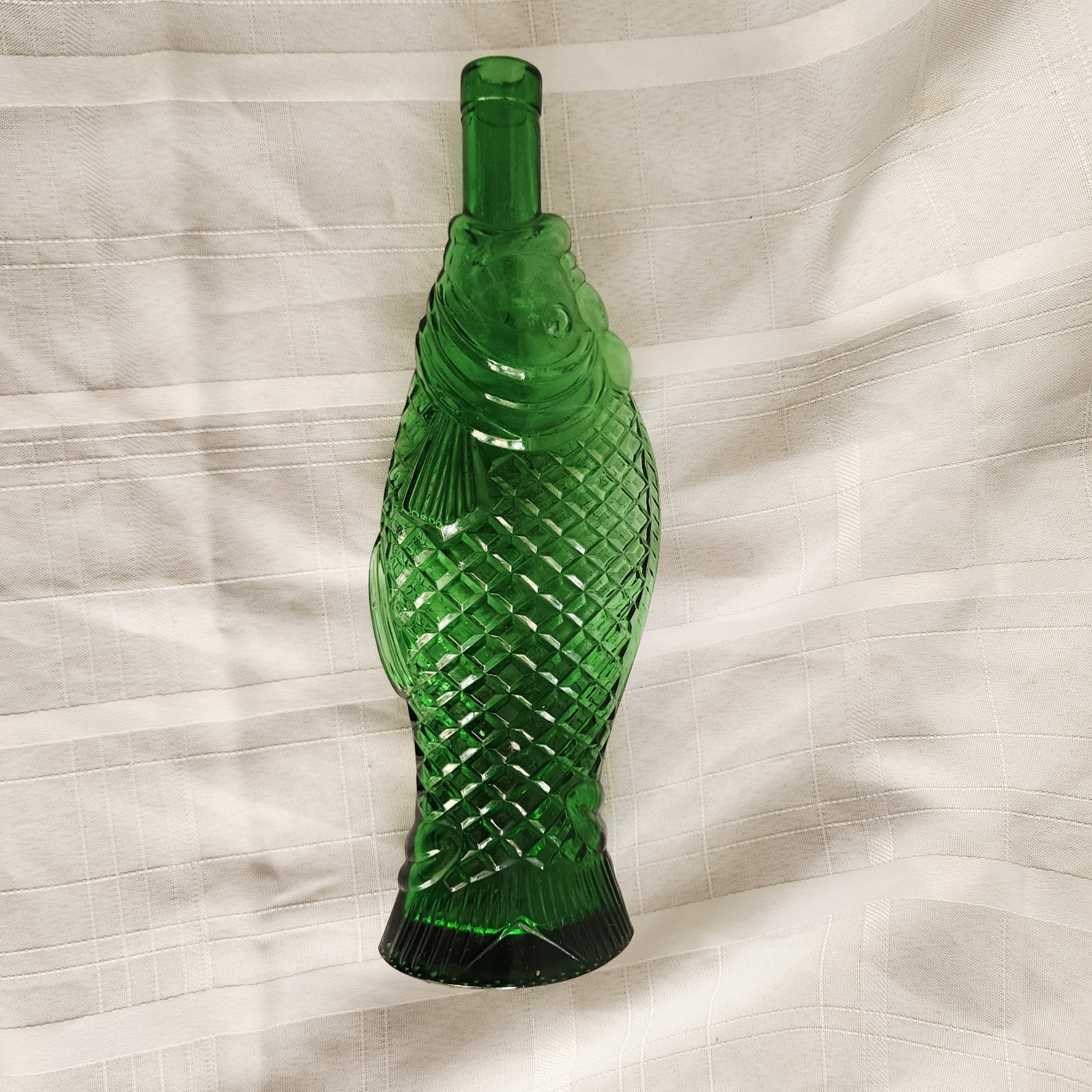 Vintage Green Glass Fish Shaped Wine Bottle Decanter Scales 13″ T F Mark