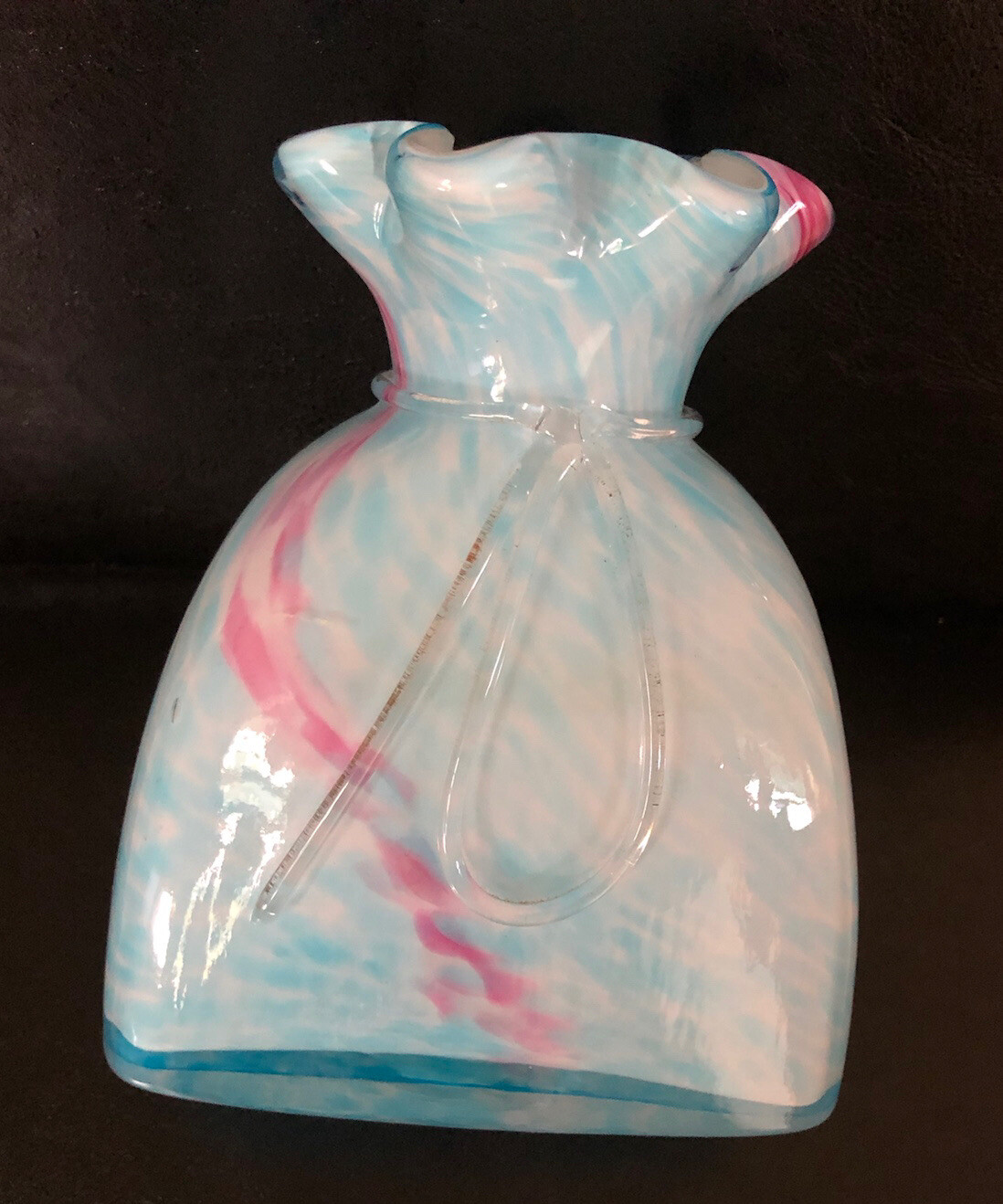Studio Art Glass Milk Pink Turquoise Blue Vase with Ruffled Top & Ribbon