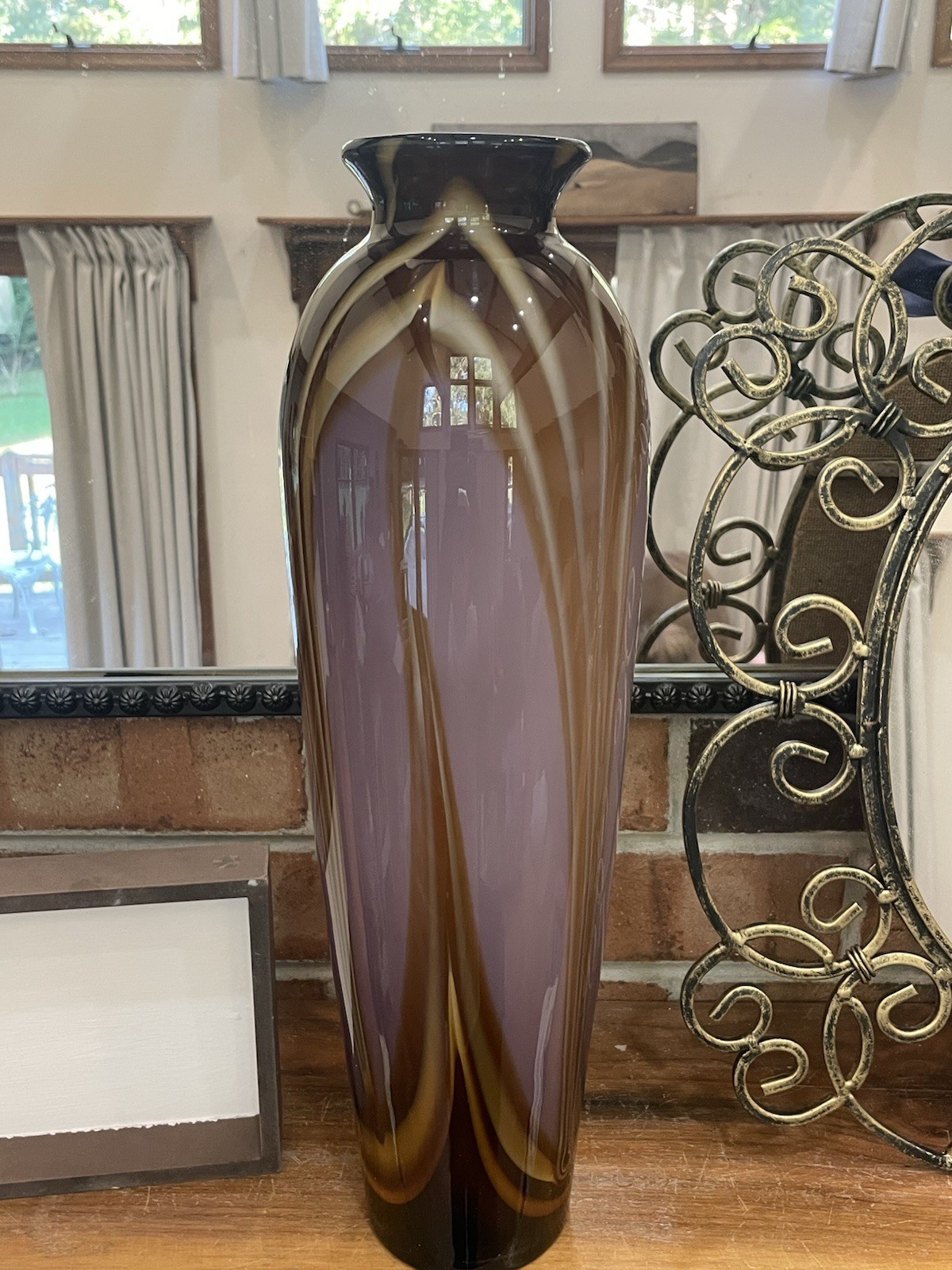 Art Glass Tall Vase *Blown* Purple Brown Streaks/White Liner 18”x5 1/2″