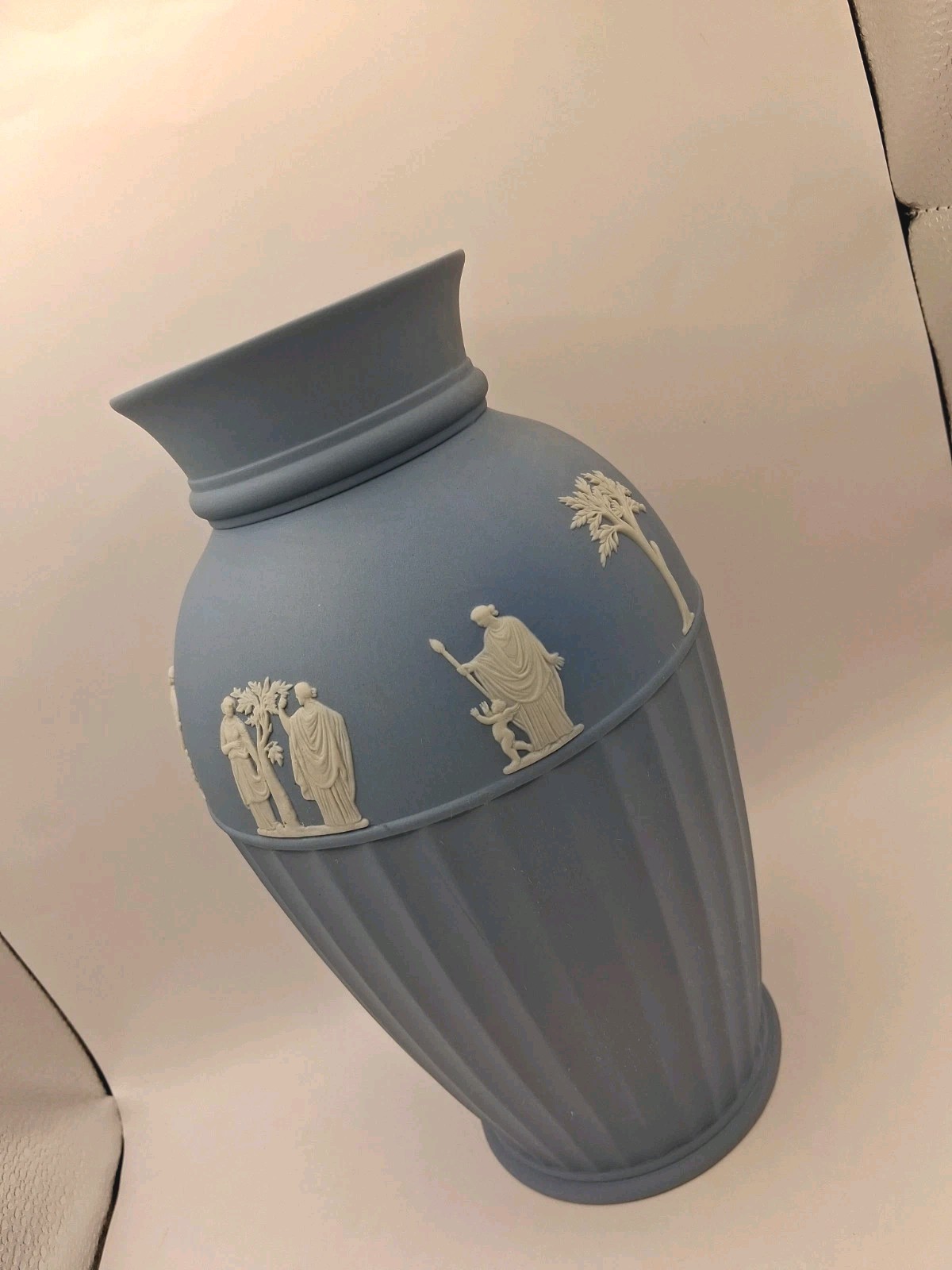 Vtg. Uniq Wedgwood Blue Off White Jasperware Vase W Classical Scenes. England