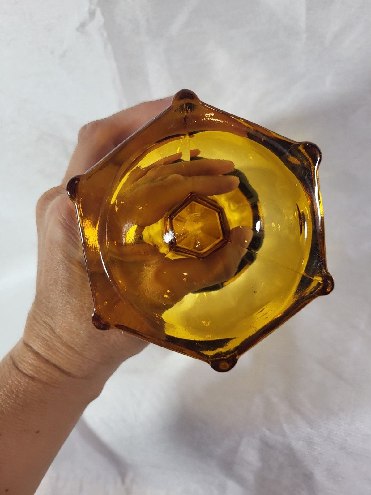 Vintage Viking Glass Mid-Century Modern Amber 6-Finger Pedestal Vase