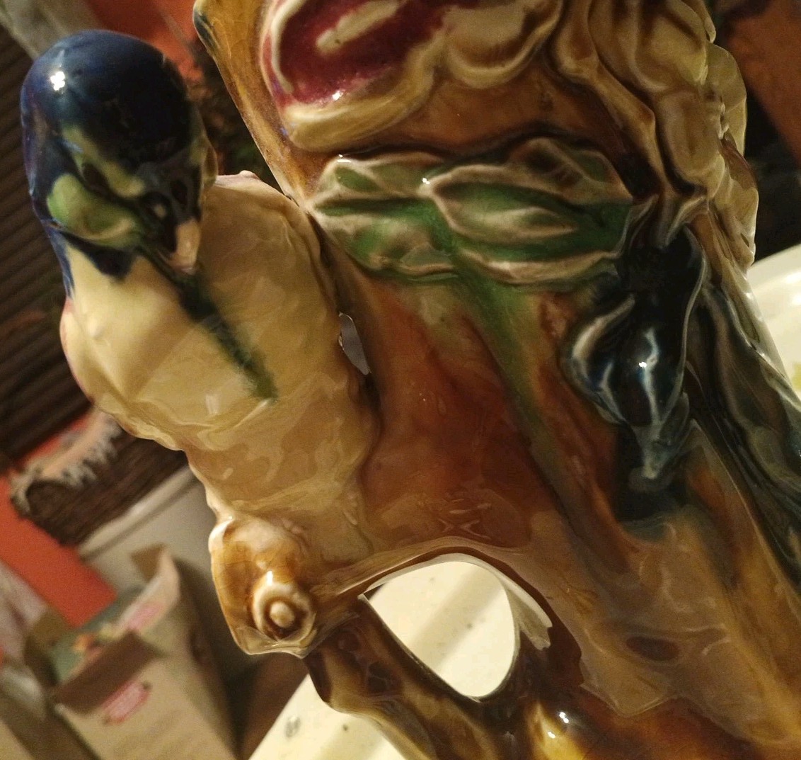 Vintage Japanese Figural Bird Flowering Tree Branch Large Majolica Pottery Vase
