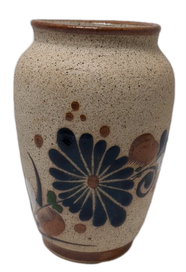 Tonala Vase Mexican Art Pottery 6.25 inches Sandstone Cobalt Blue Flowers Nature