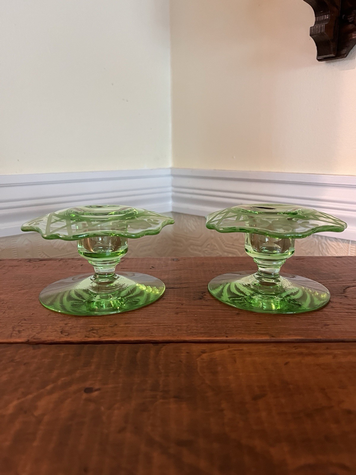 Green Glass Candlesticks Etched Floral/Lattice Scalloped Tops Mid 20th Century