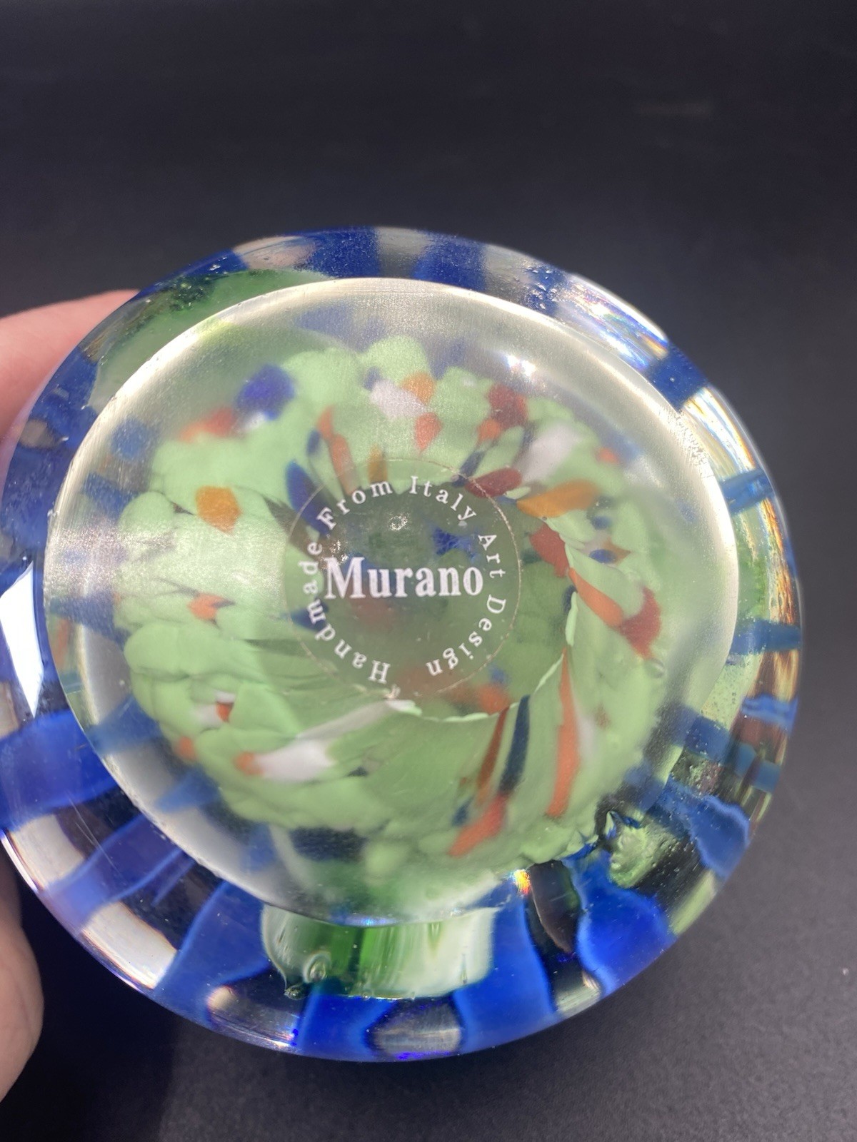 Murano Blue Floral Paperweight Handmade in Italy w/ MURANO Sticker