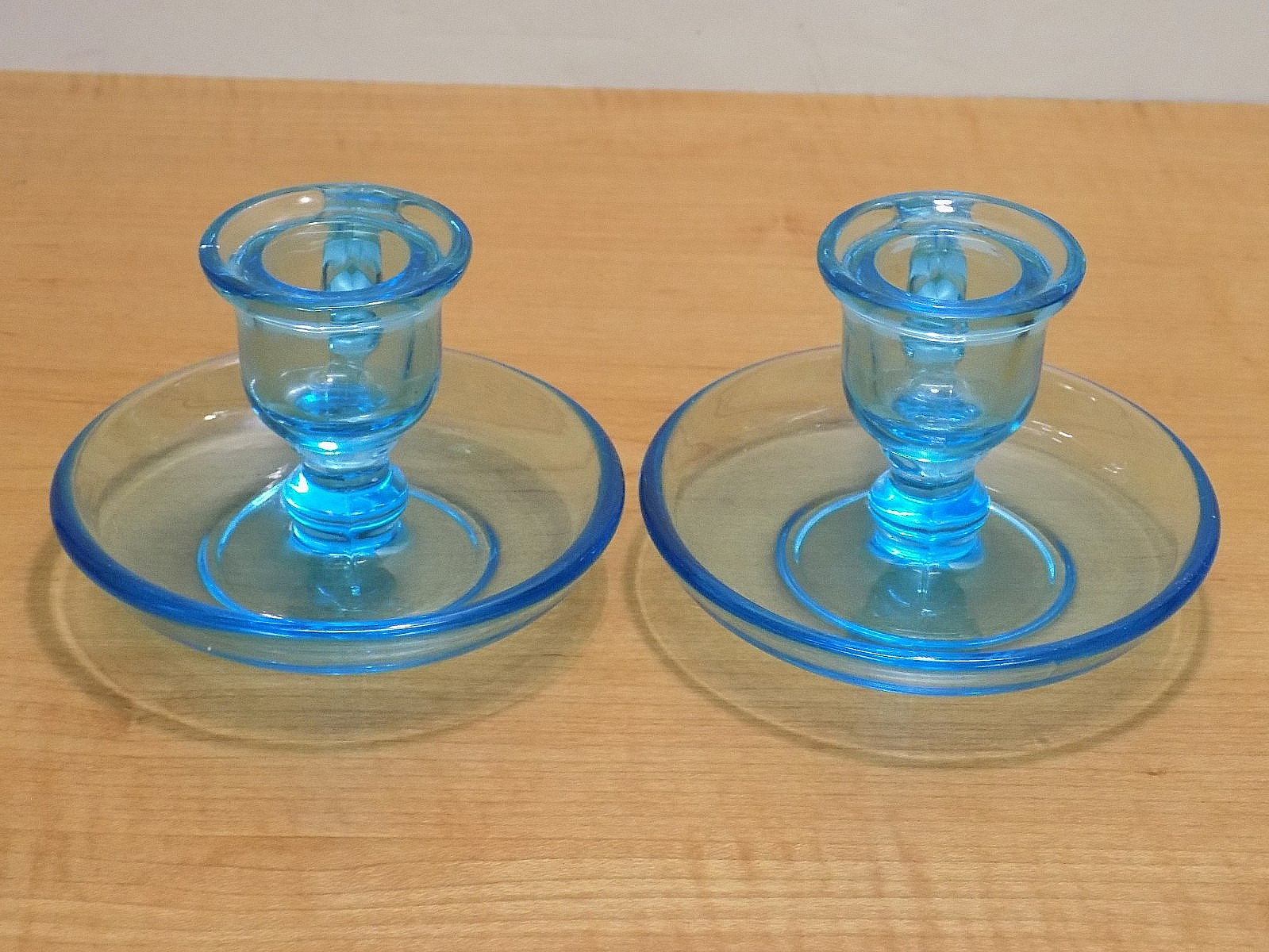 Pair Tiffin U.S. Glass #319 Light Blue Glass Finger Loop Chamber Candle Holders