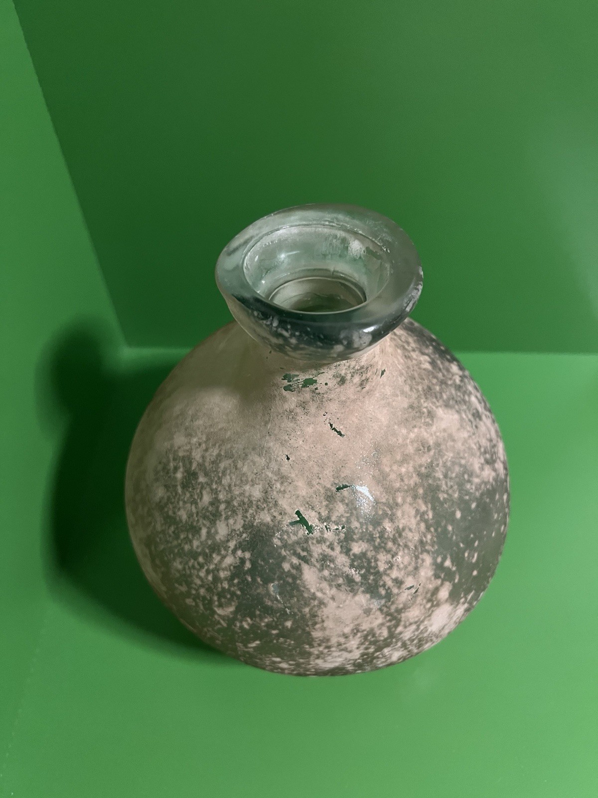 San Miguel Handmade Recycle Glass Vase Green Tan Textured Spain Art Glass 7.5”H