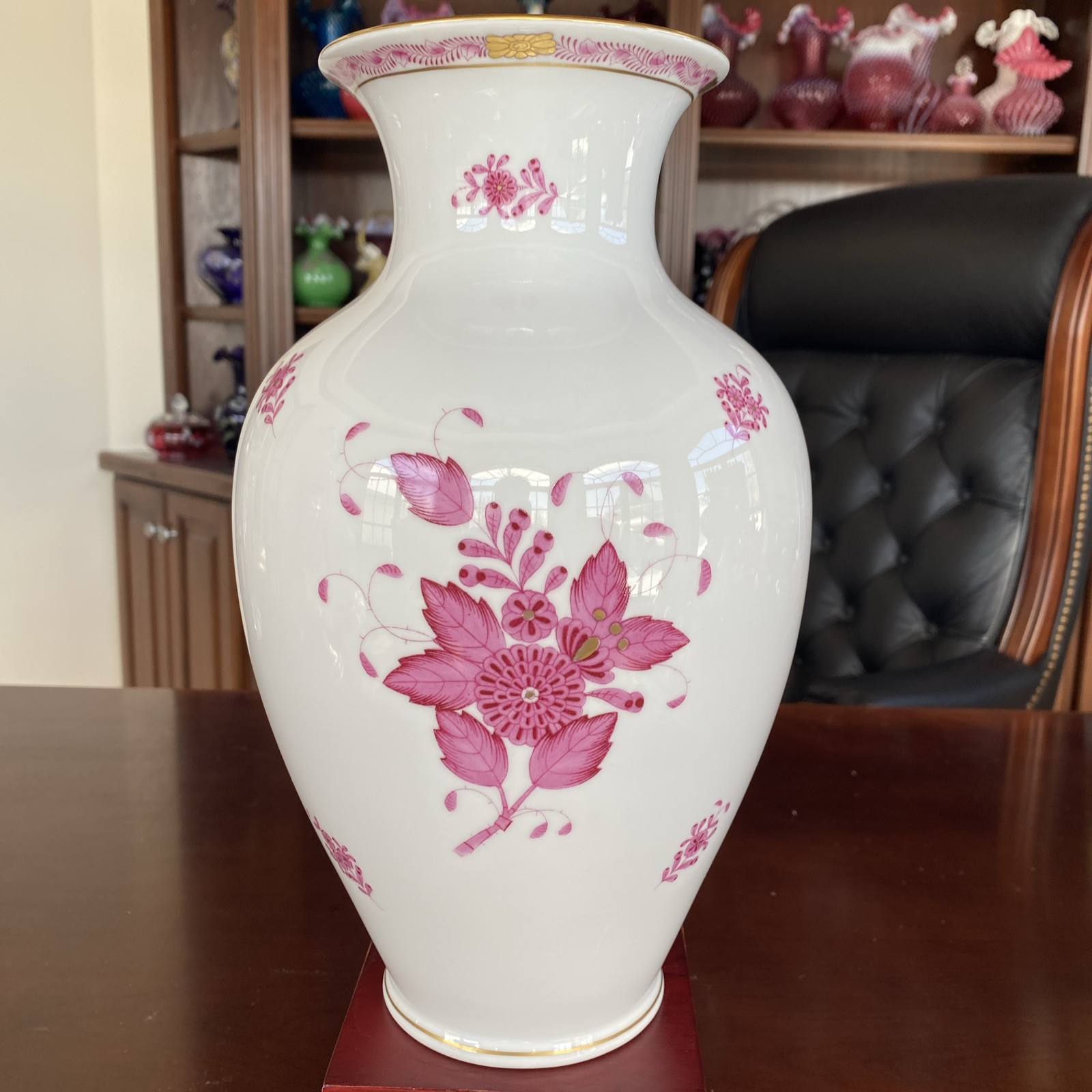 Incredible 12.5” Herend Vase in the Chinese Bouquet Apponyi Raspberry. 24K Gold