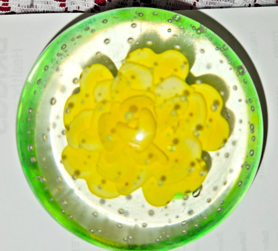 Vintage Art Glass Paperweight Yellow Flower Controlled Bubbles Murano Style 3 in