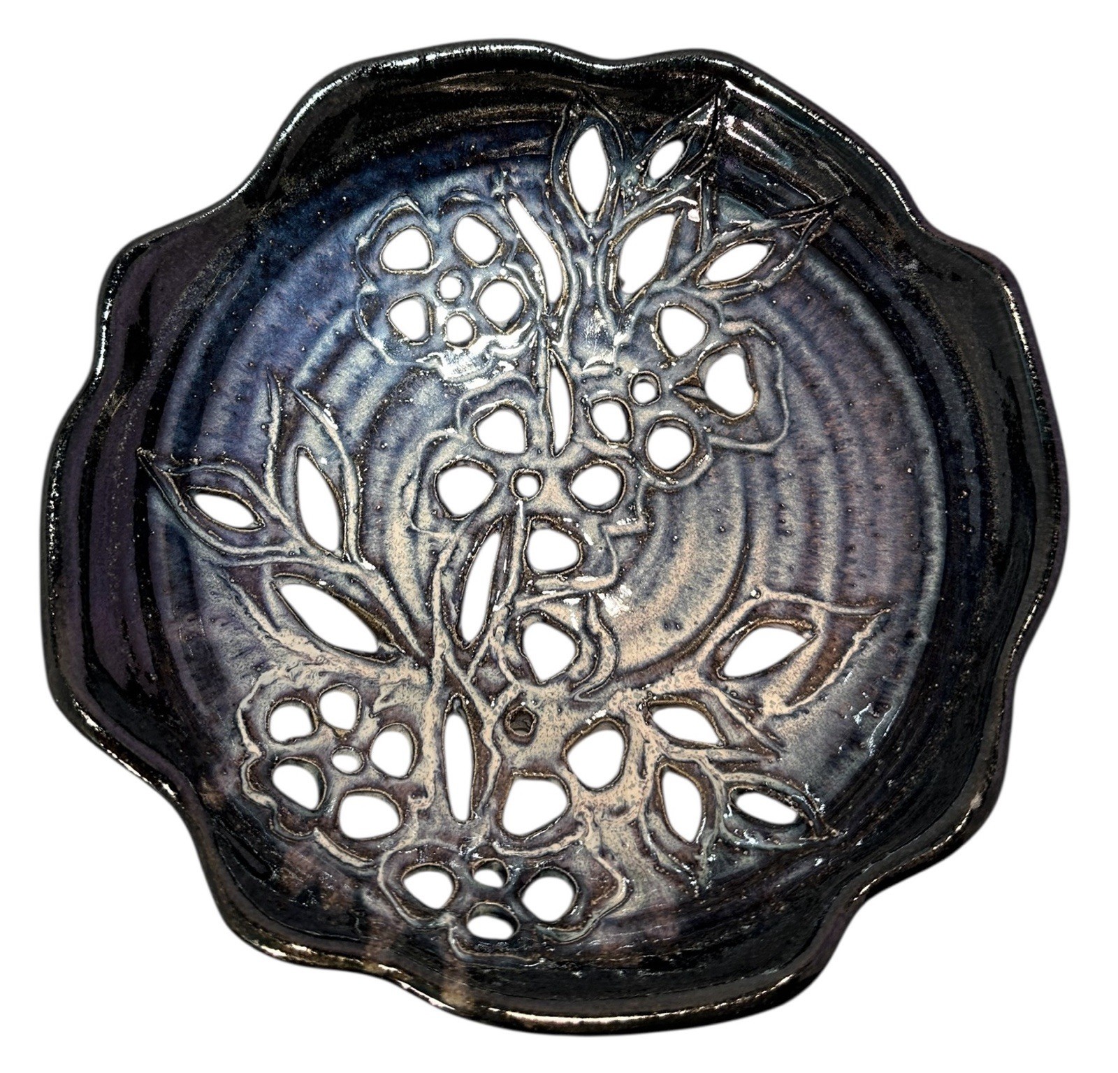 Studio Art Pottery Carved Fruit Bowl 10” Ceramic Decorative Beautiful Blue Tones