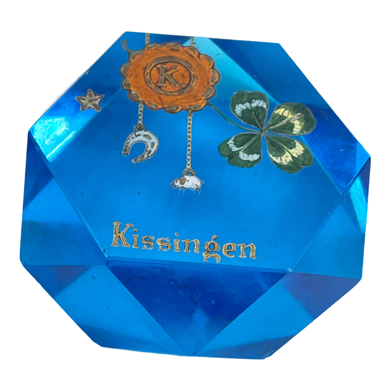 Vintage Crystal Art Glass Blue Faceted Paperweight Hand Painted Kissingen Clover