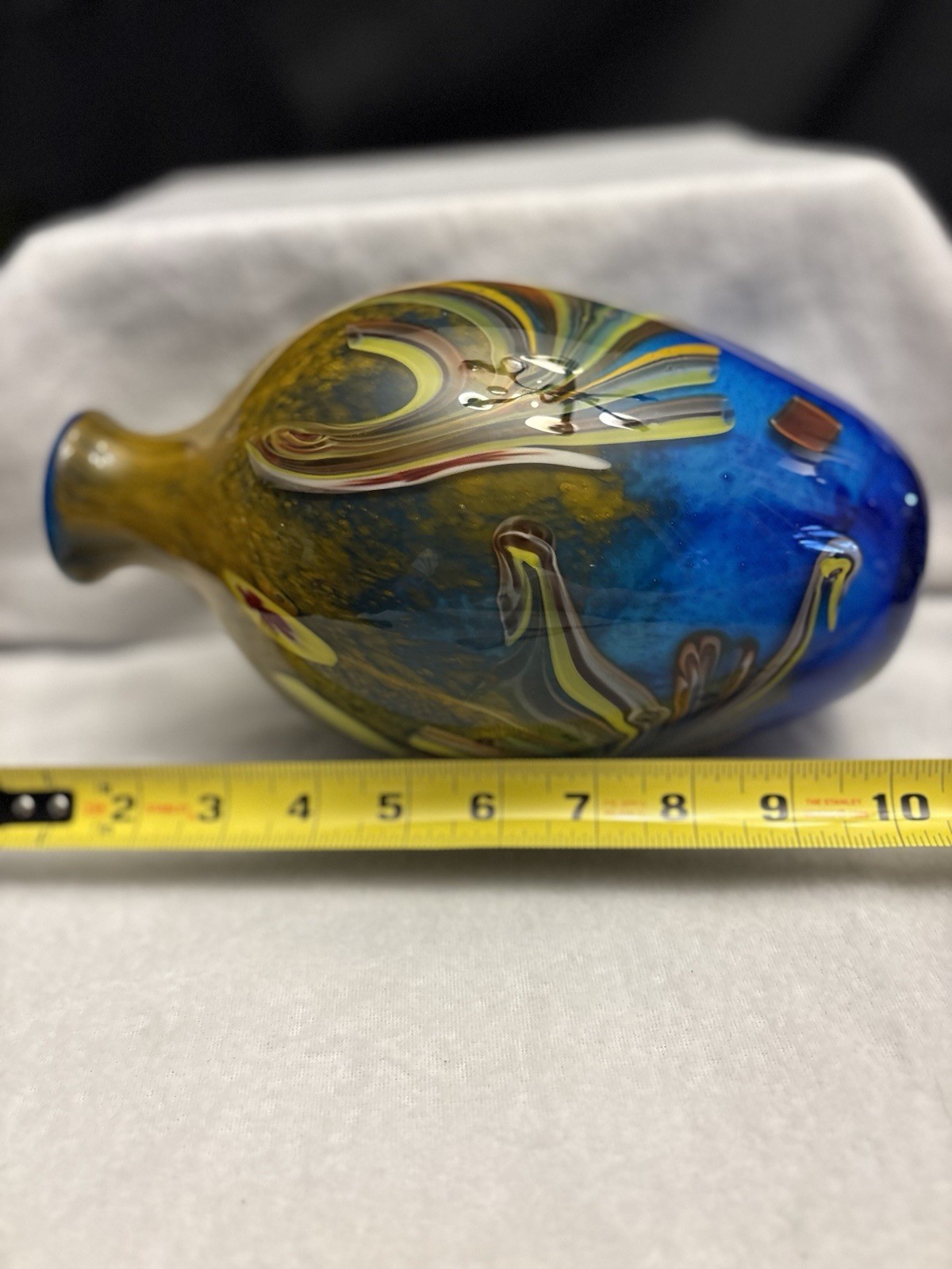 Vintage Murano Style Blown Art Glass Vase Colorful Peacock Feather Motif