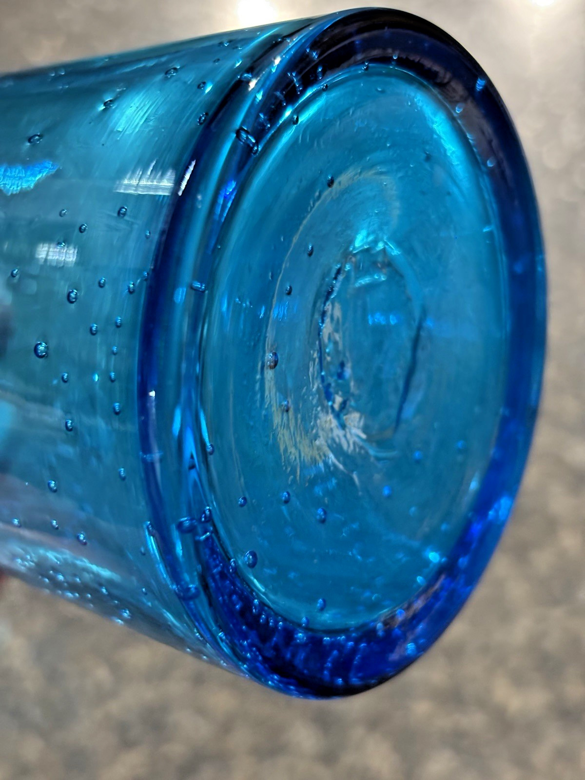 Hand Blown Margie’s Garden Aqua Turquoise Bubble Art Curved Glass Vase 13″ EXC