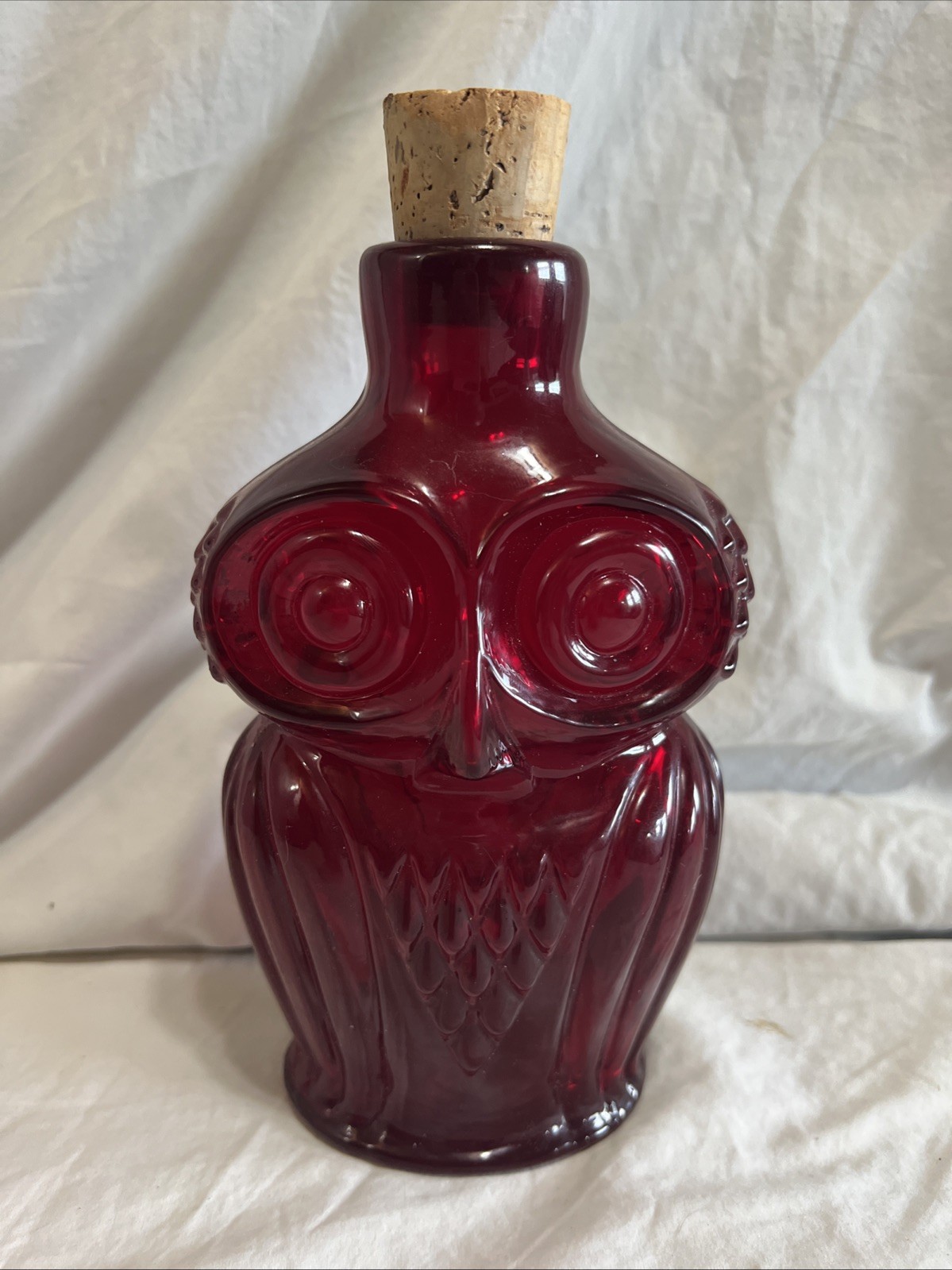 Vintage Ruby Red Owl Glass Bottle Decanter Original Cork Stopper MCM Figural