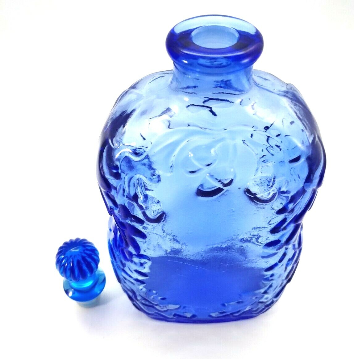 Cobalt Blue Bottle with Plastic Stopper Embossed with Acorns Leaves CANADA