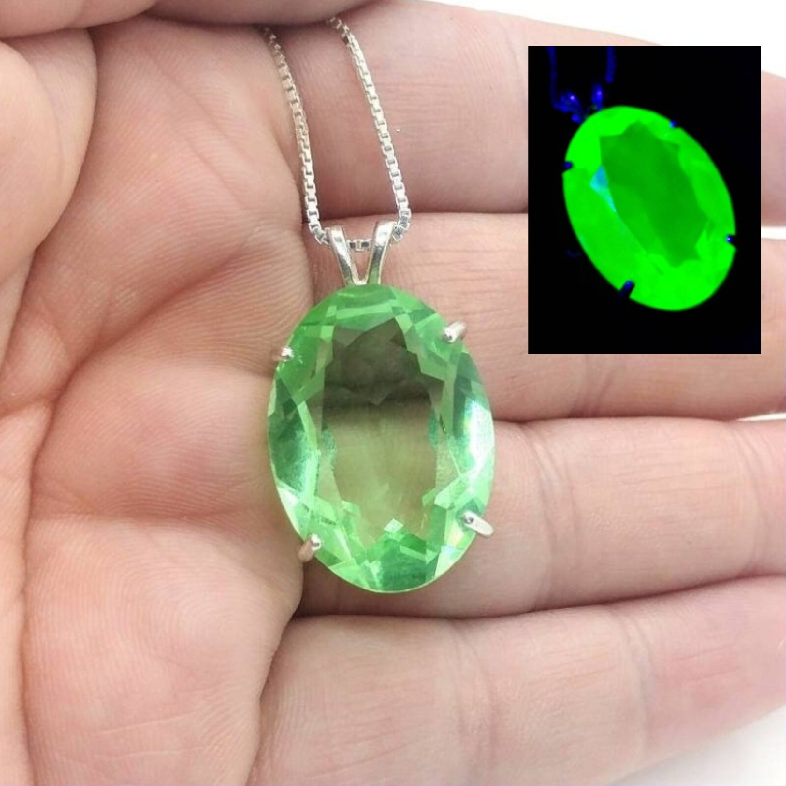 Large Sterling Uranium Glass Necklace Green Pendant Green 925 Silver