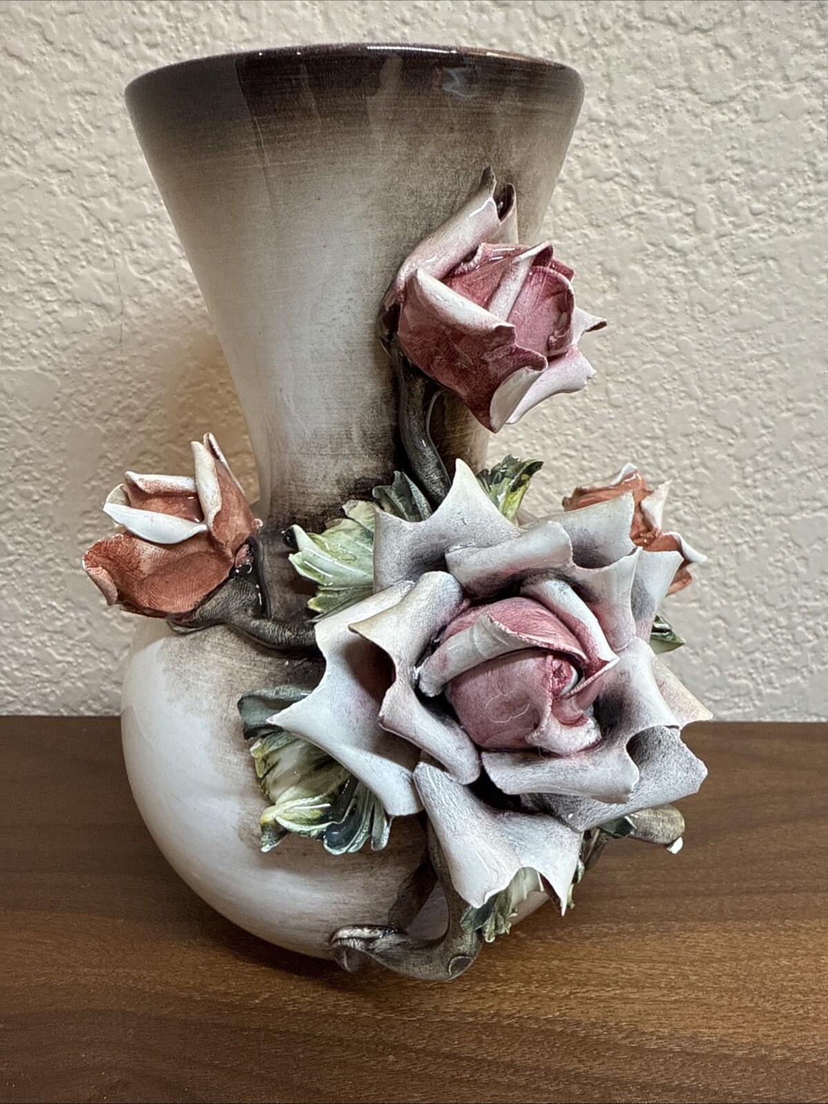 Vintage Capodimonte Italian Porcelain Bisque Rose Vase 7.5″ Tall Gorgeous