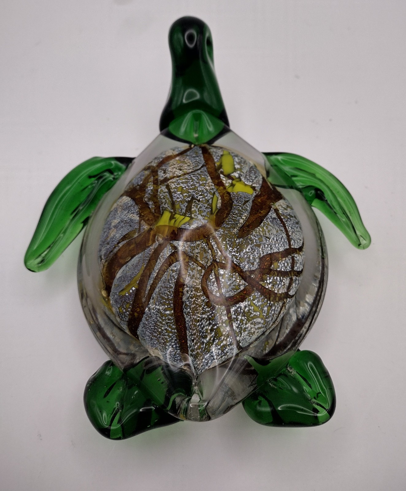 Murano Style Sea Turtle Glass Paperweight Figurine Hand-Blown Green Brown 6”