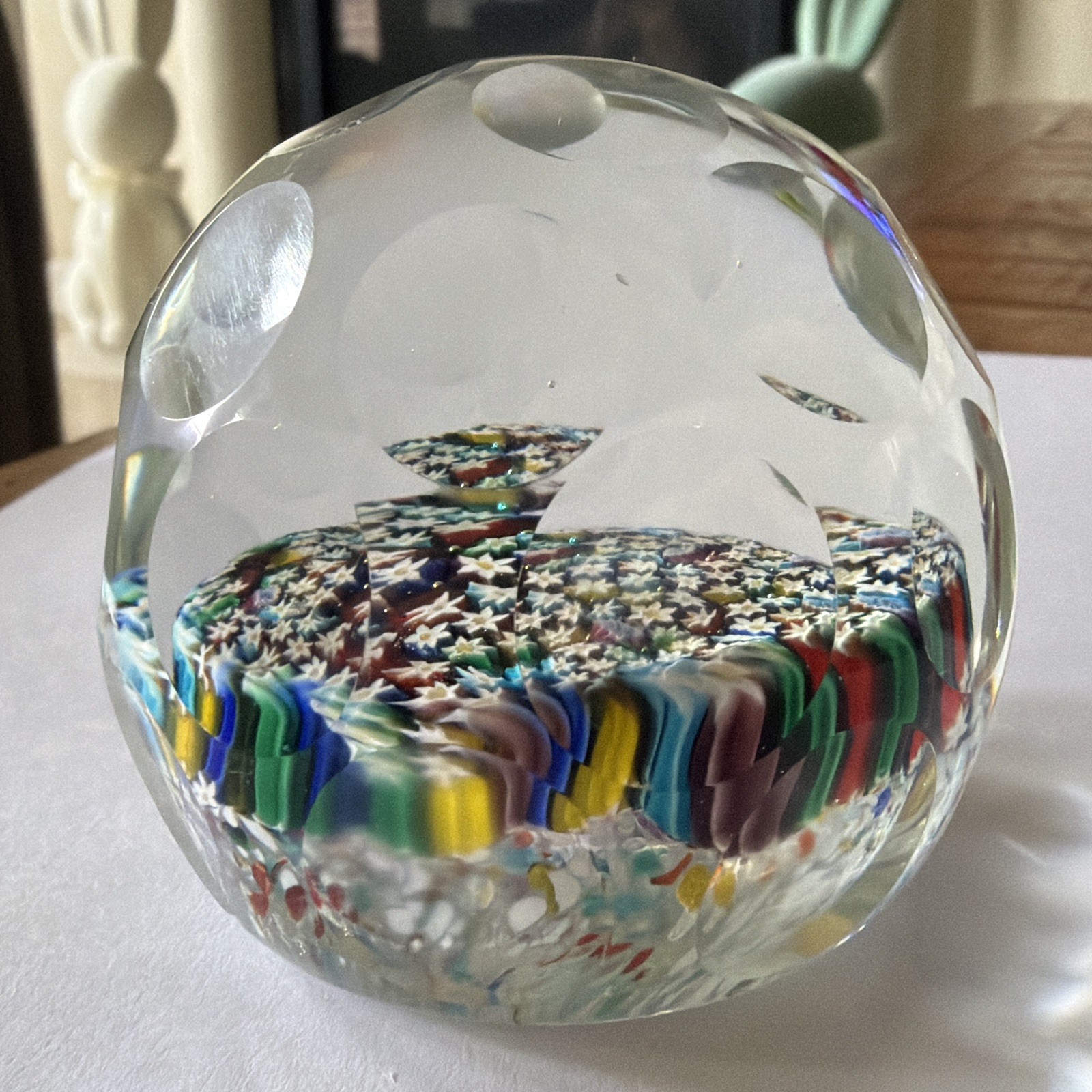 Sulfide Cut Crystal Paperweight Millefiori Flowers 20th Century 2.5”