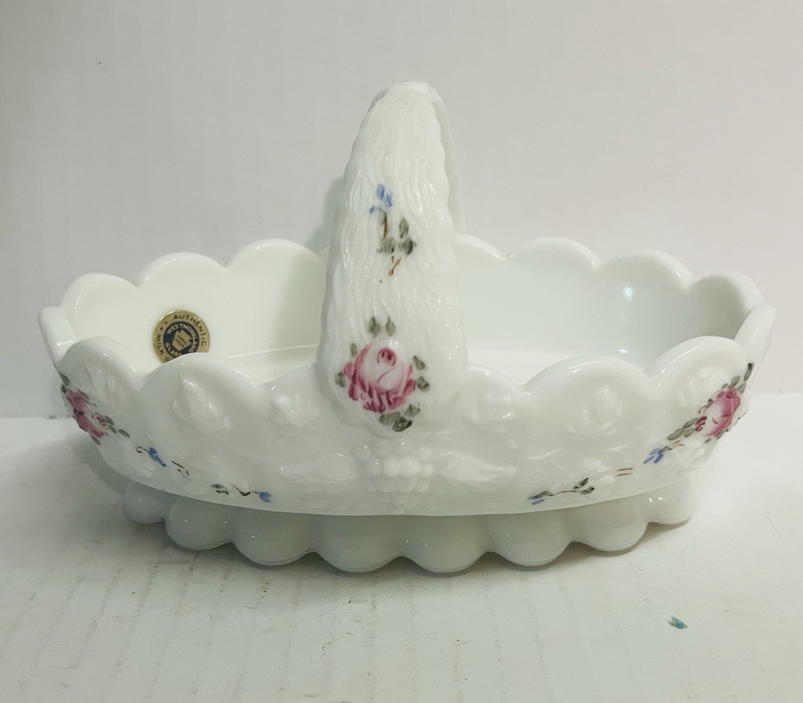 Vintage Westmoreland Paneled Grape Roses & Bows Milk Glass Split Handle Basket