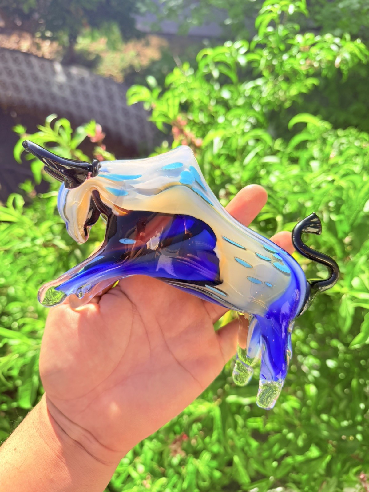 Art glass blue amber purple bull figurine hand blown