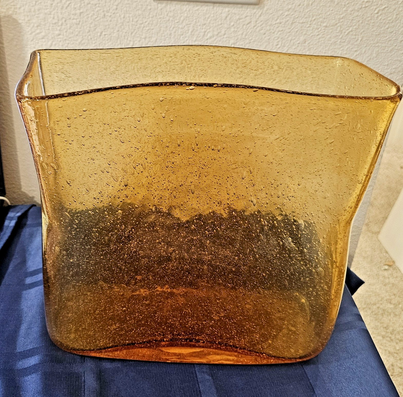 Hand Blown Amber Seeded Bubble Glass Magazine Holder Postmodern Memphis Decor