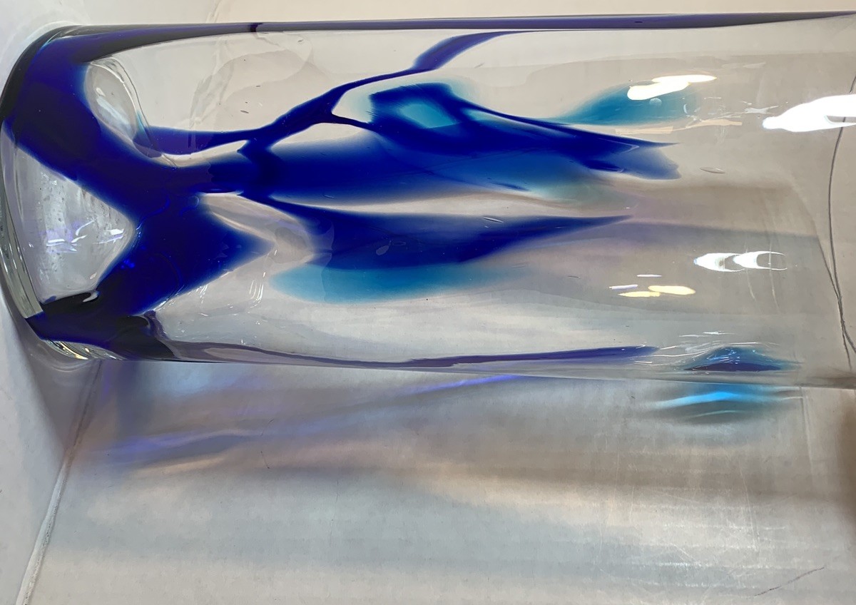 Hand Blown Mexican Glass Cylinder Vase 6″x14″, Clear w/Cobalt Blue Swirls