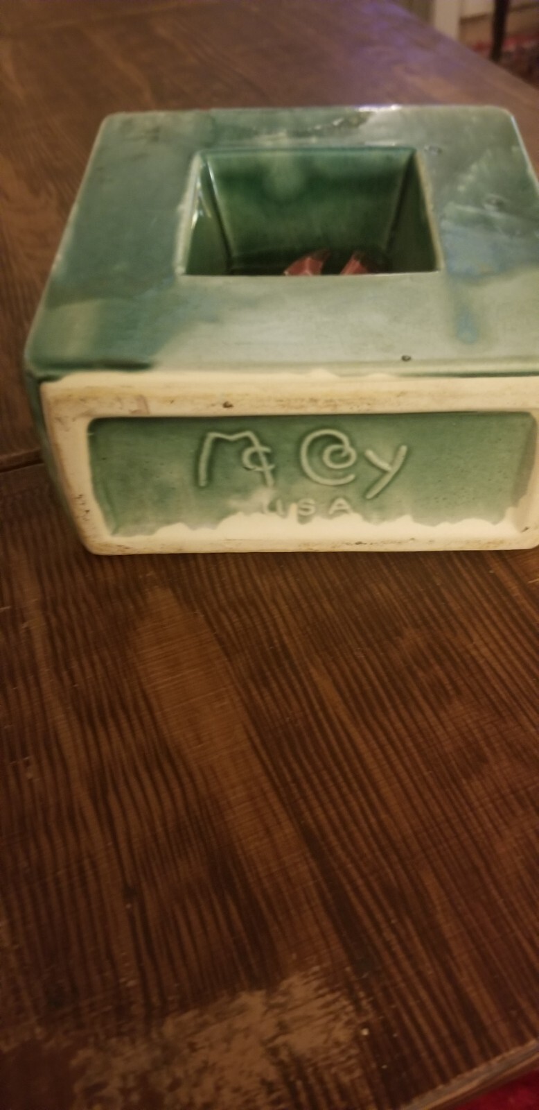 1950’s McCoy Arcature double shadow box square vase green w/ red bird, RARE!