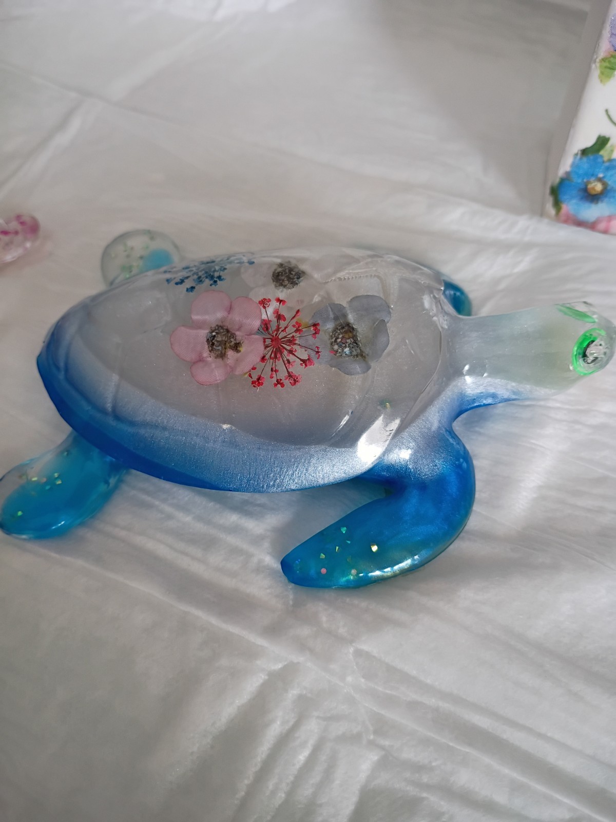 Blue & Clear Art Glass Turtle Figurine, Floral Pattern, Glossy Finish